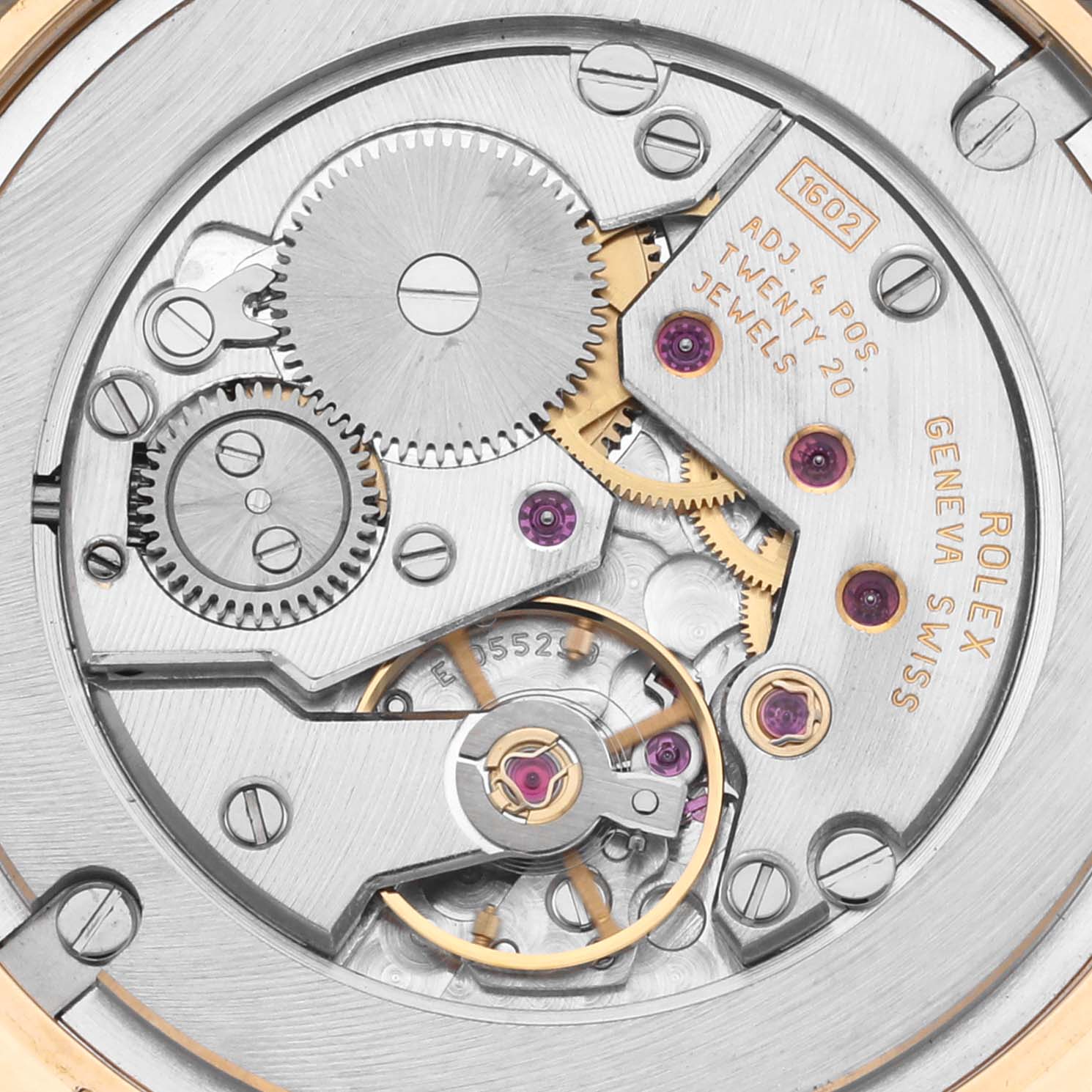 This image shows the internal mechanical movement of the Rolex Cellini 5116/8 Men's Yellow Gold White Dial 5116/8 Men's Yellow Gold White Dial watch, viewed from the back.