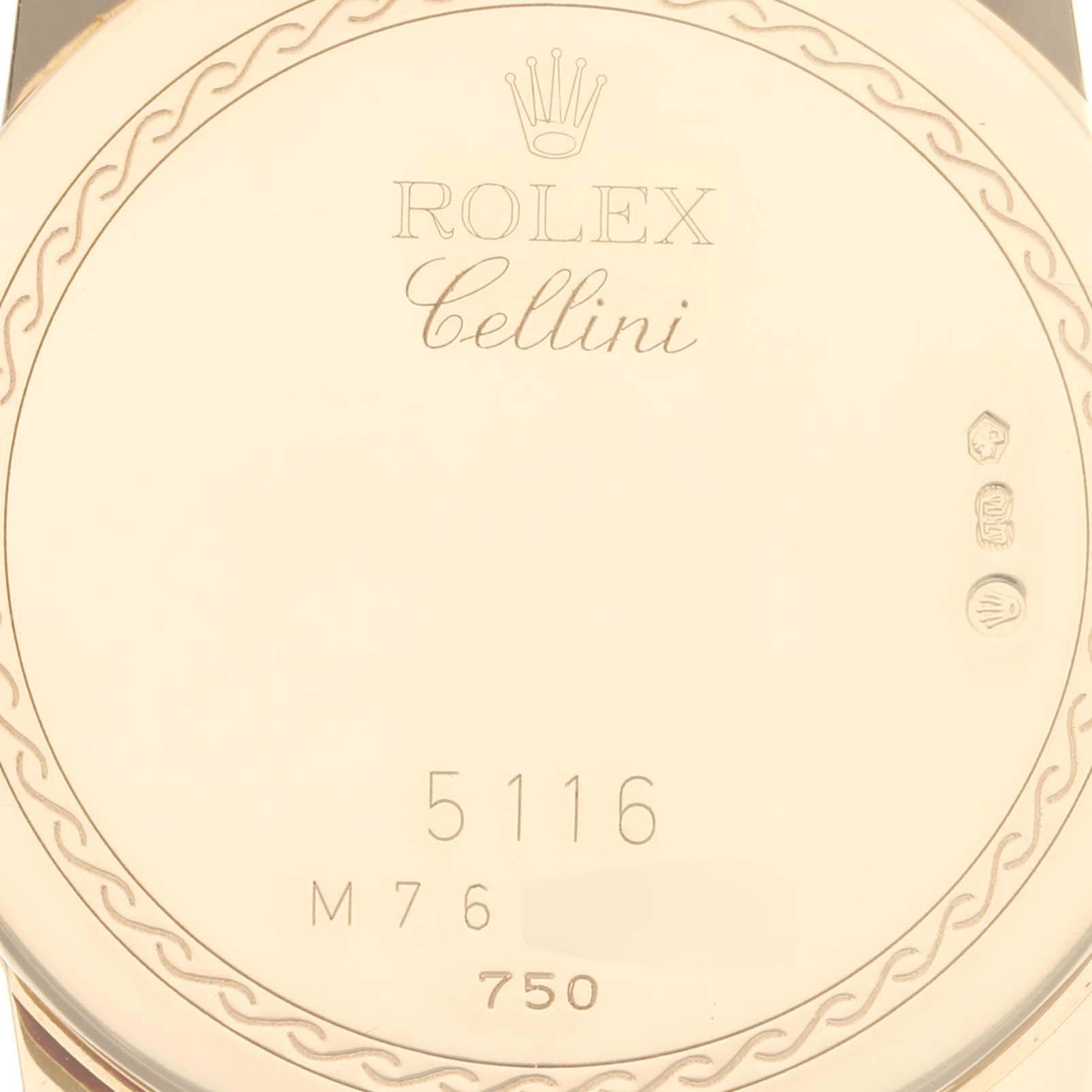 This image shows a close-up of the back case of a Rolex Cellini 5116/8 Men's Yellow Gold White Dial 5116/8 Men's Yellow Gold White Dial model 5116, highlighting its engravings and markings.