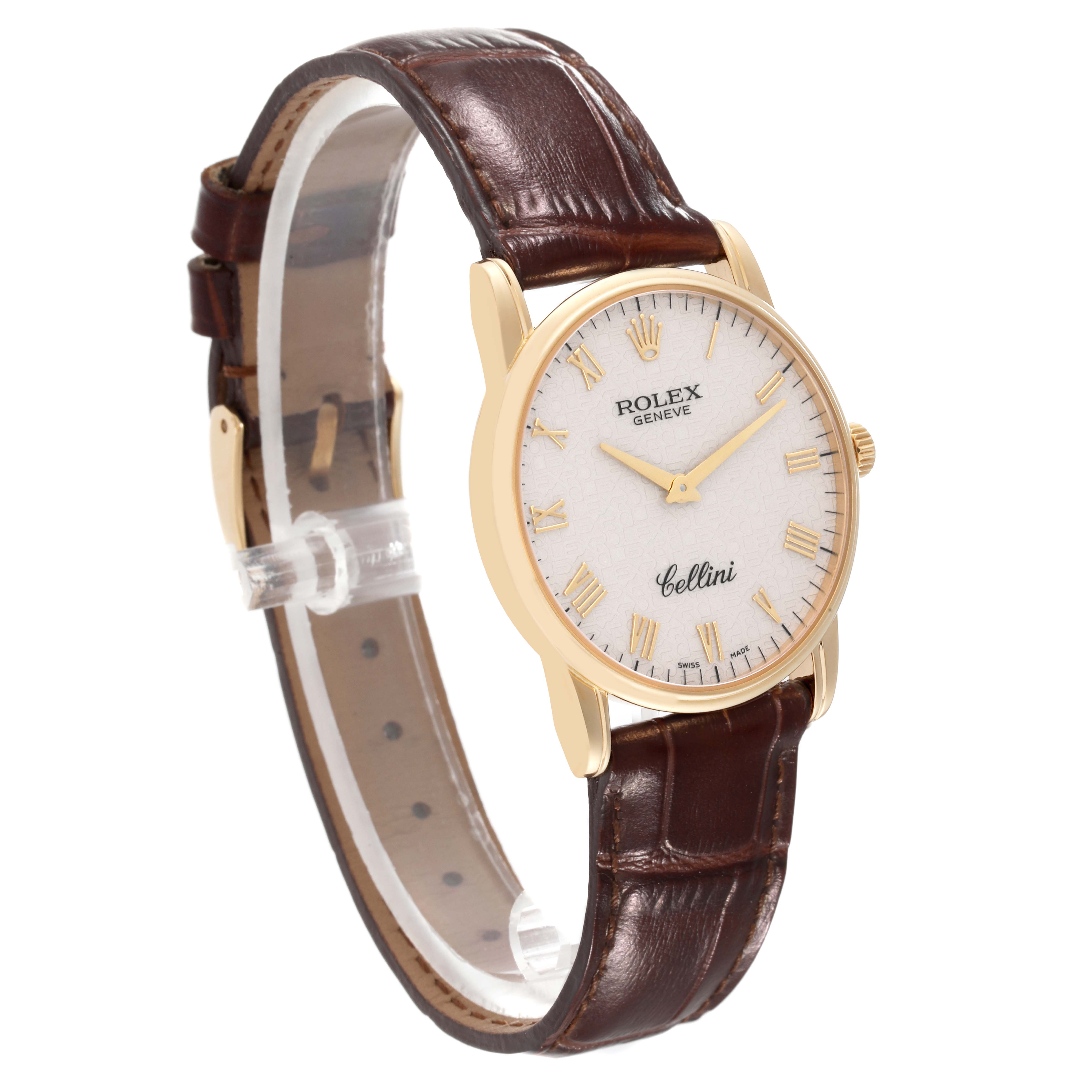 The Rolex Cellini 5116/8 Men's Yellow Gold White Dial 5116/8 Men's Yellow Gold White Dial watch is shown at a three-quarter angle, displaying the watch face, gold case, and leather strap.