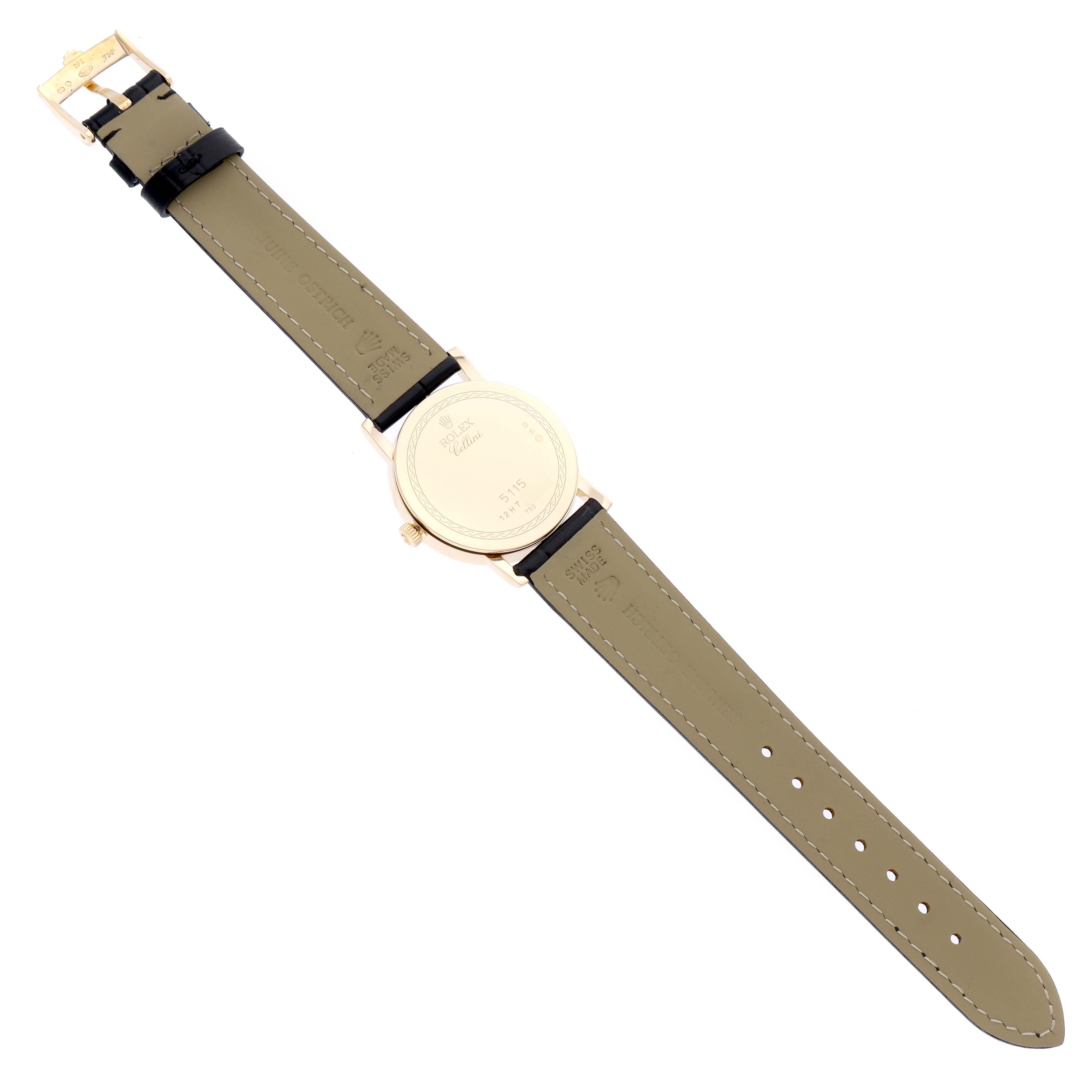 The image shows the back of a Rolex Cellini 5115 Men's Yellow Gold Mother of Pearl Dial 5115 Men's Yellow Gold Mother of Pearl Dial watch, displaying the leather strap, buckle, and case back.