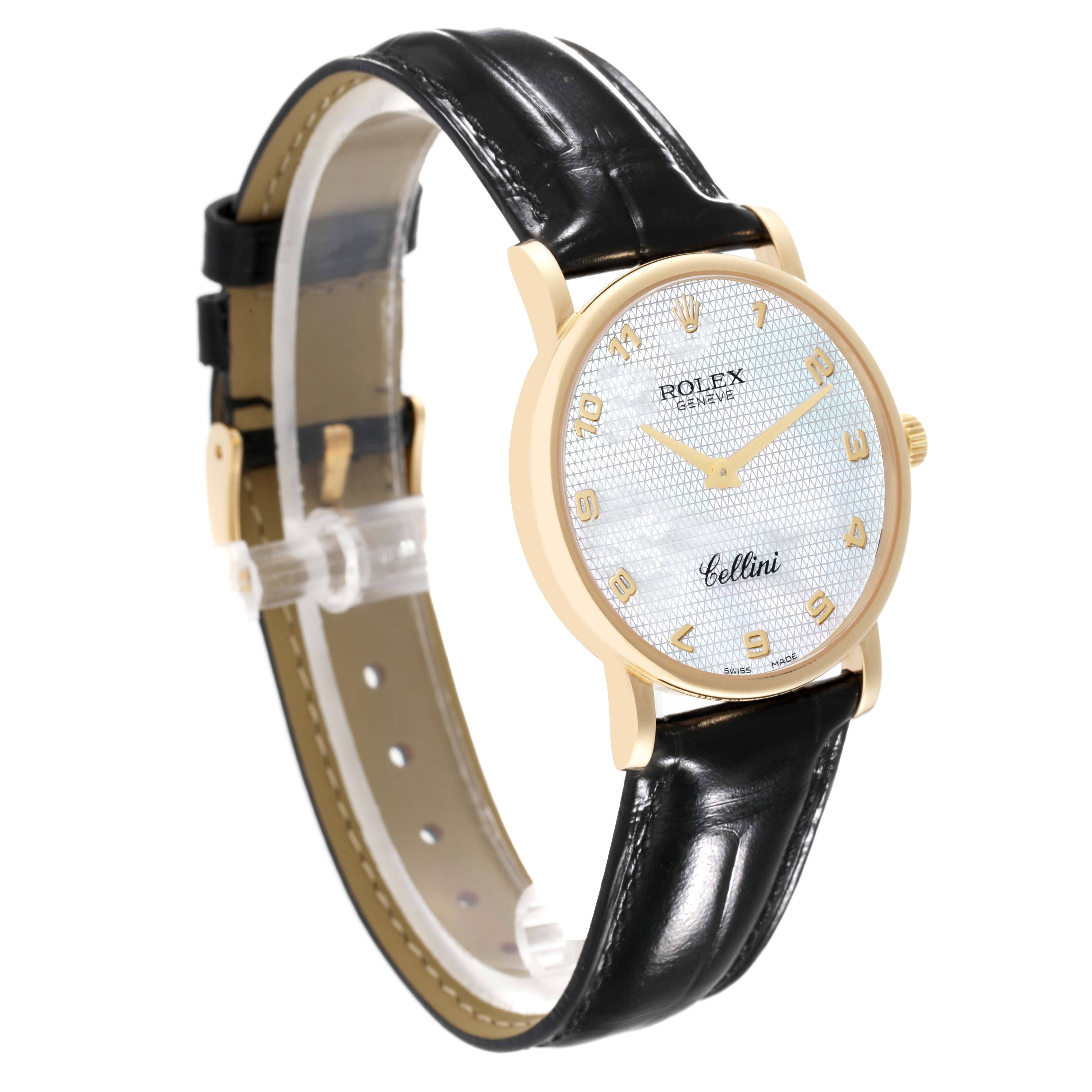 This Rolex Cellini 5115 Men's Yellow Gold Mother of Pearl Dial 5115 Men's Yellow Gold Mother of Pearl Dial watch is shown at a 3/4 angle, highlighting the front face, leather strap, and side profile.