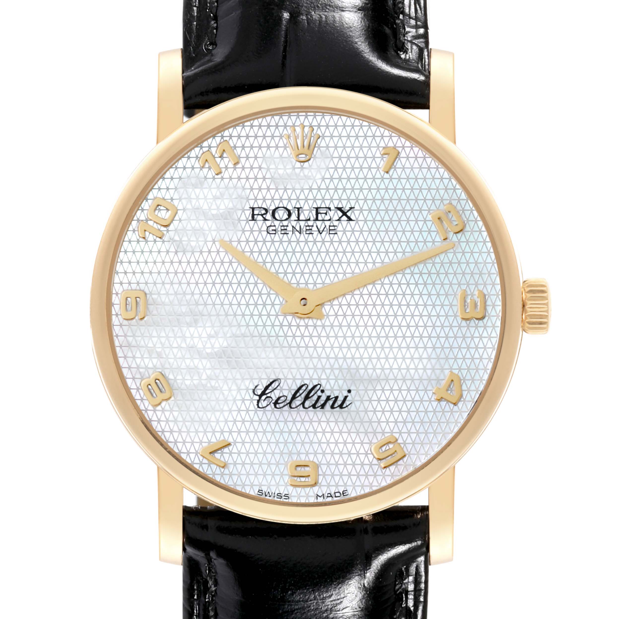 This is a frontal view of a Rolex Cellini 5115 Men's Yellow Gold Mother of Pearl Dial 5115 Men's Yellow Gold Mother of Pearl Dial watch showcasing its dial, hands, crown, and strap.
