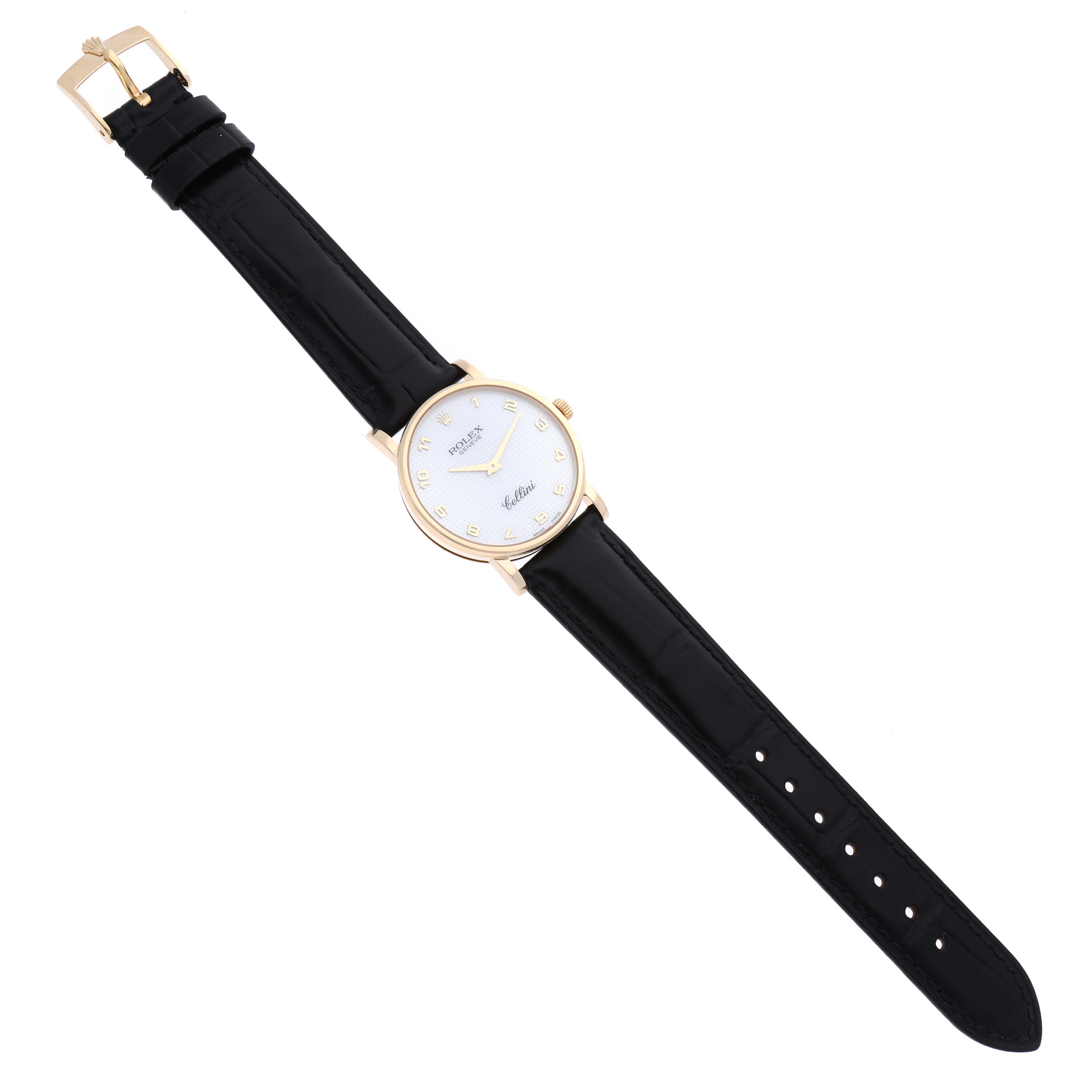 The image shows a full view of a Rolex Cellini 5115 Men's Yellow Gold Mother of Pearl Dial 5115 Men's Yellow Gold Mother of Pearl Dial watch, featuring its face, case, crown, and black leather strap with a buckle.