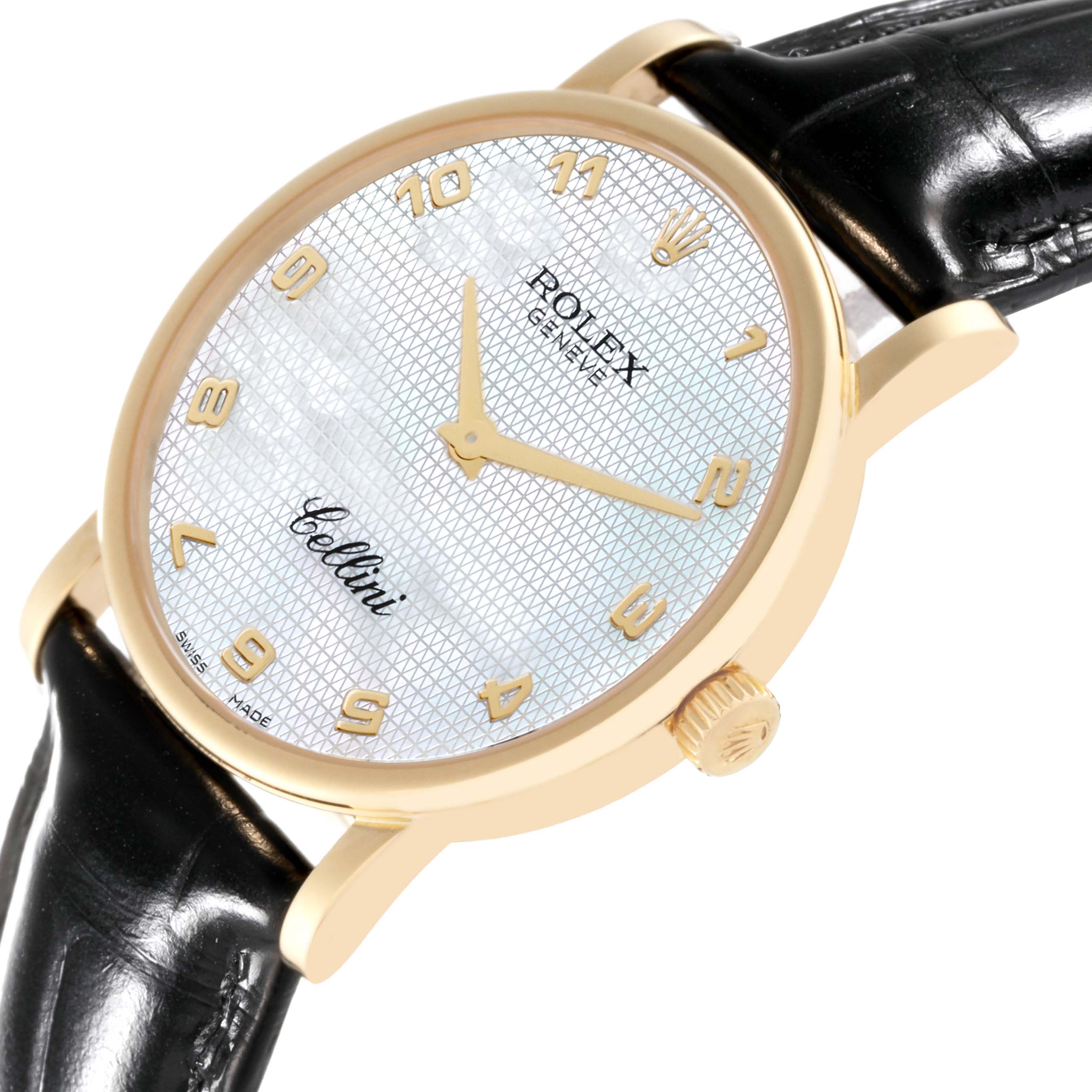 The image shows a Rolex Cellini 5115 Men's Yellow Gold Mother of Pearl Dial 5115 Men's Yellow Gold Mother of Pearl Dial watch at a slight angle, highlighting its dial, crown, and leather strap.