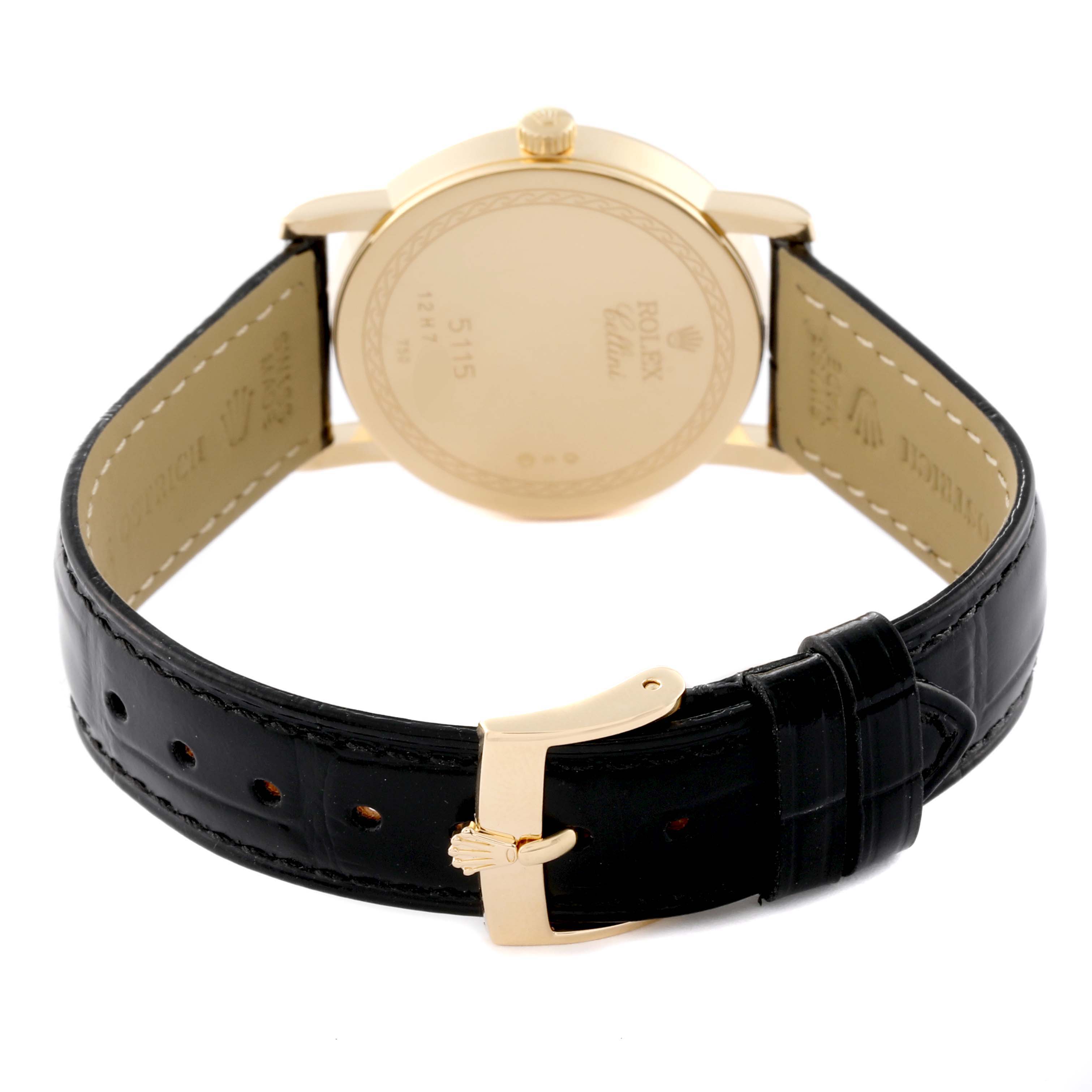 The image shows the back and strap of a Rolex Cellini 5115 Men's Yellow Gold Mother of Pearl Dial 5115 Men's Yellow Gold Mother of Pearl Dial watch, highlighting the buckle and case back.