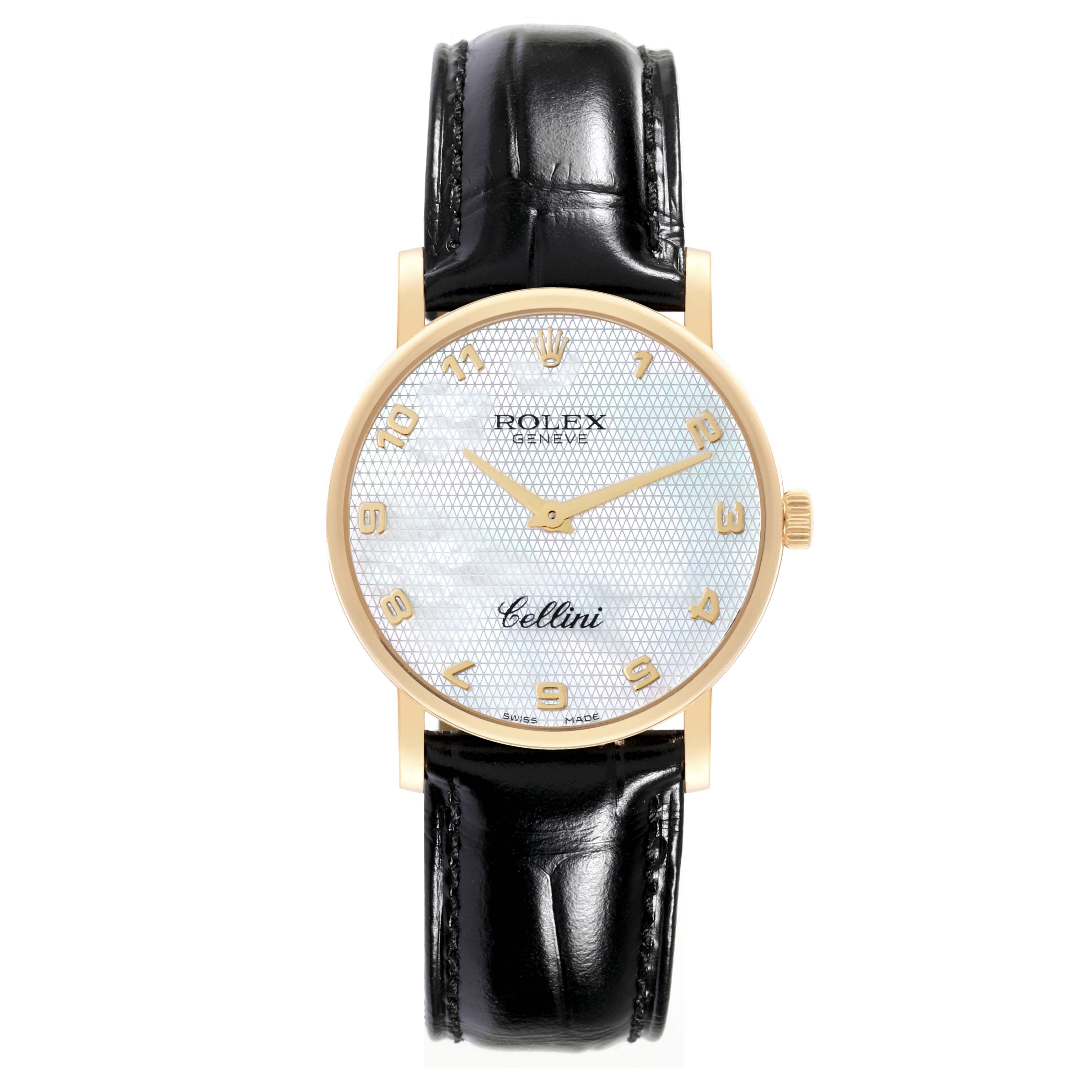 The image shows a front view of a Rolex Cellini 5115 Men's Yellow Gold Mother of Pearl Dial 5115 Men's Yellow Gold Mother of Pearl Dial watch, revealing the face, hands, and black leather strap.