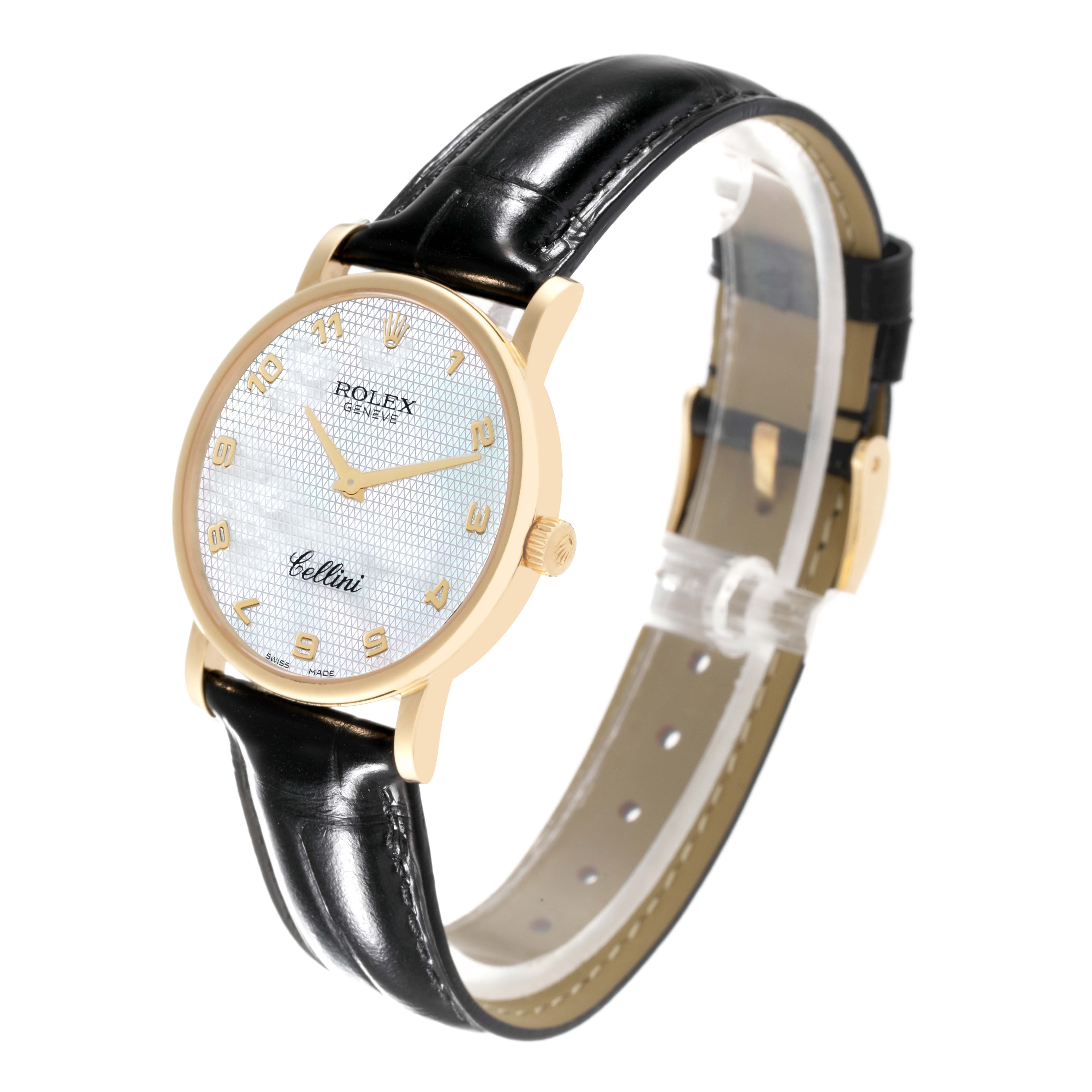 The image shows a Rolex Cellini 5115 Men's Yellow Gold Mother of Pearl Dial 5115 Men's Yellow Gold Mother of Pearl Dial watch from a front angle, highlighting its face, crown, case, and leather strap.