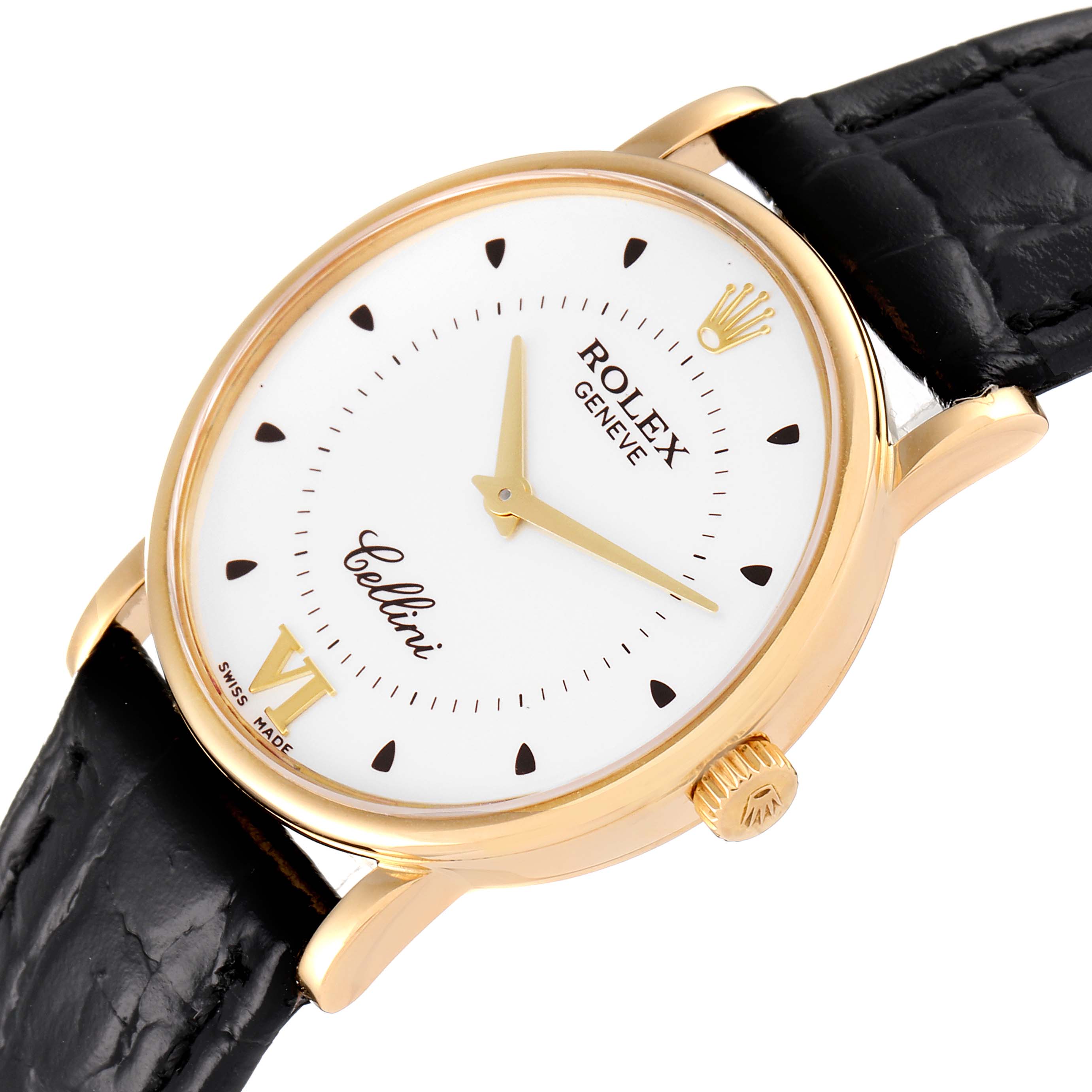 The image shows the face, bezel, crown, and part of the leather strap of a Rolex Cellini 5115 Men's Yellow Gold Silver Dial 5115 Men's Yellow Gold Silver Dial watch at a slight angle.