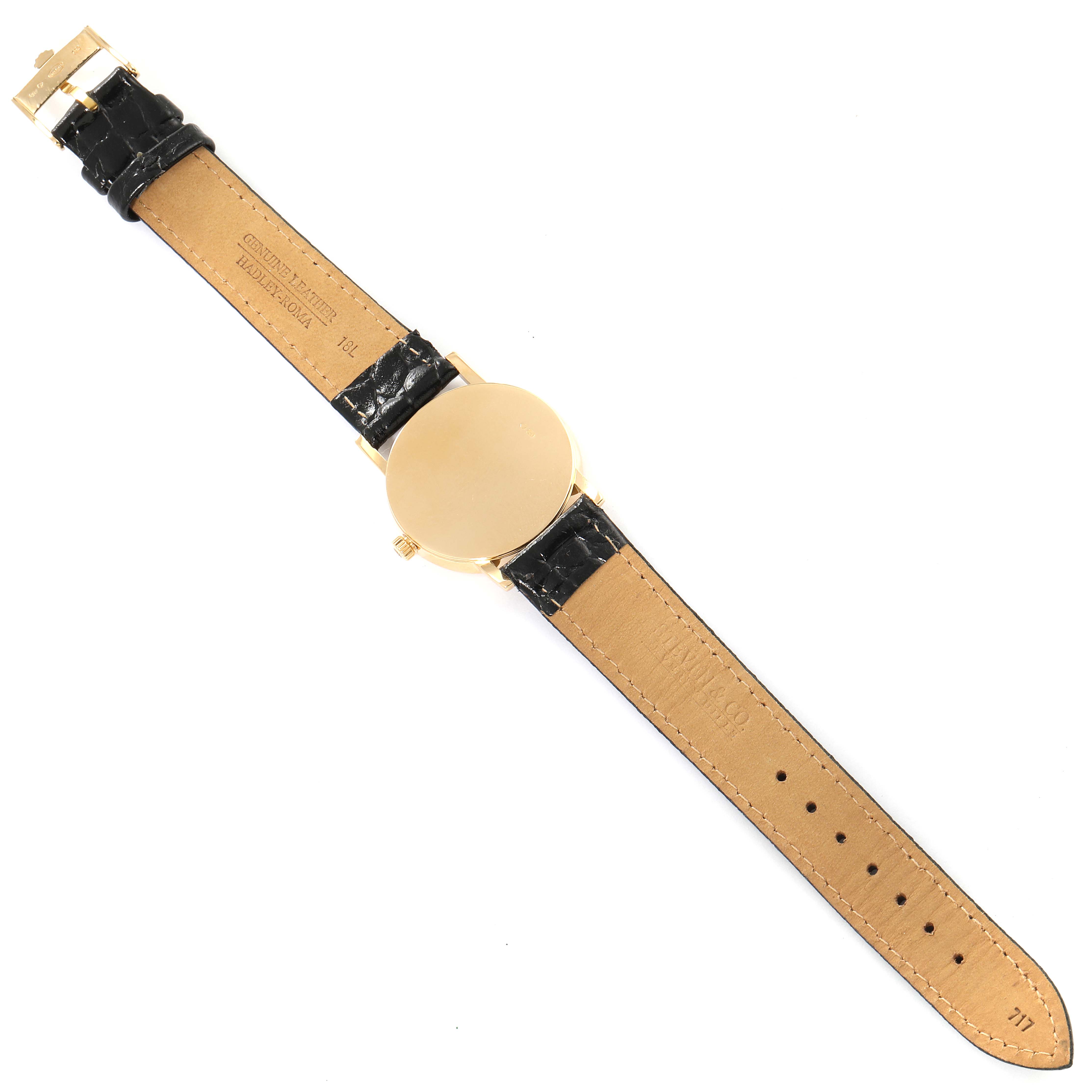 The image shows the back view of a Rolex Cellini 5115 Men's Yellow Gold Silver Dial 5115 Men's Yellow Gold Silver Dial watch, highlighting its black leather strap and gold watch case.