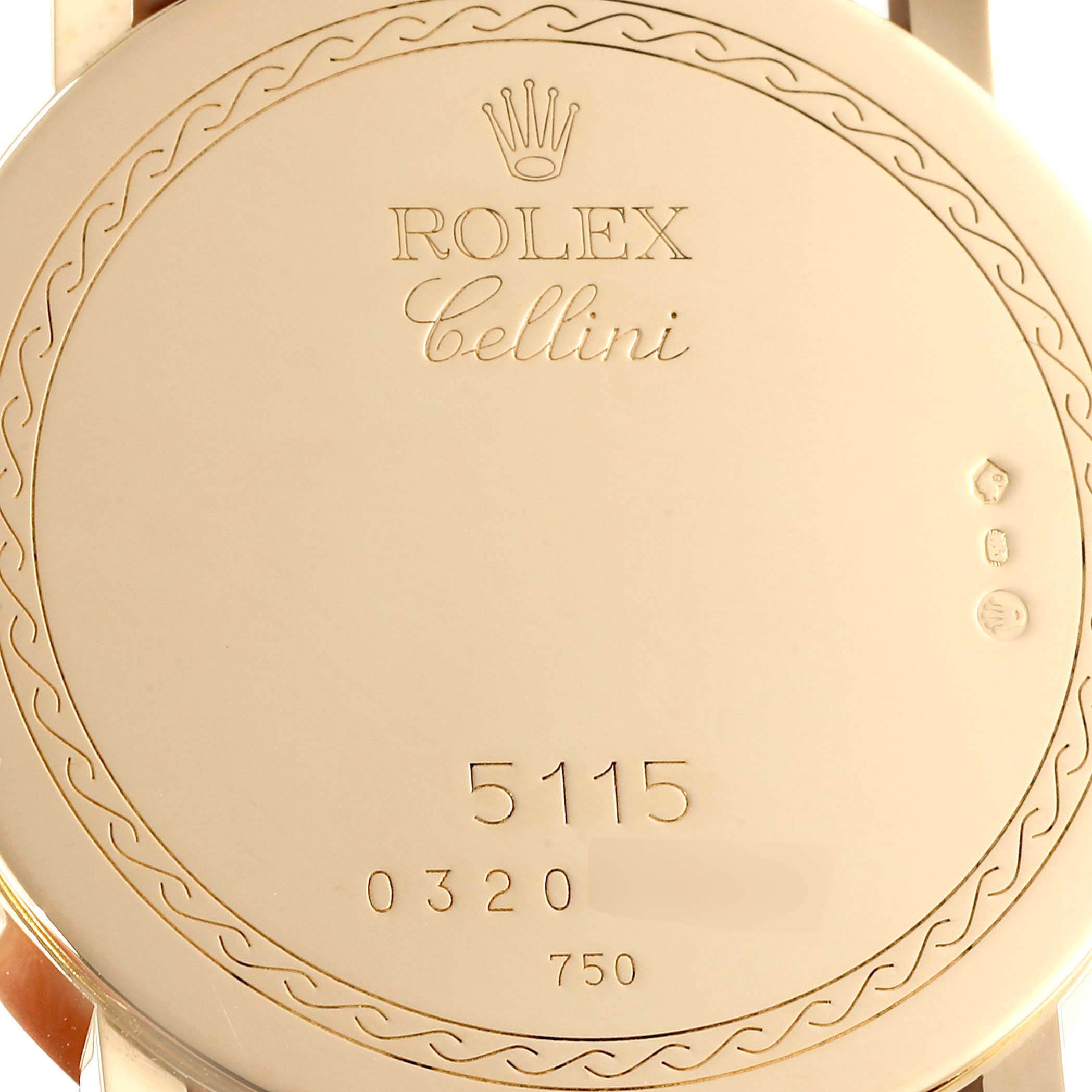 The image displays the back of a Rolex Cellini 5115 Men's Yellow Gold Silver Dial 5115 Men's Yellow Gold Silver Dial watch, showing the brand name, model number 5115, and other engravings.