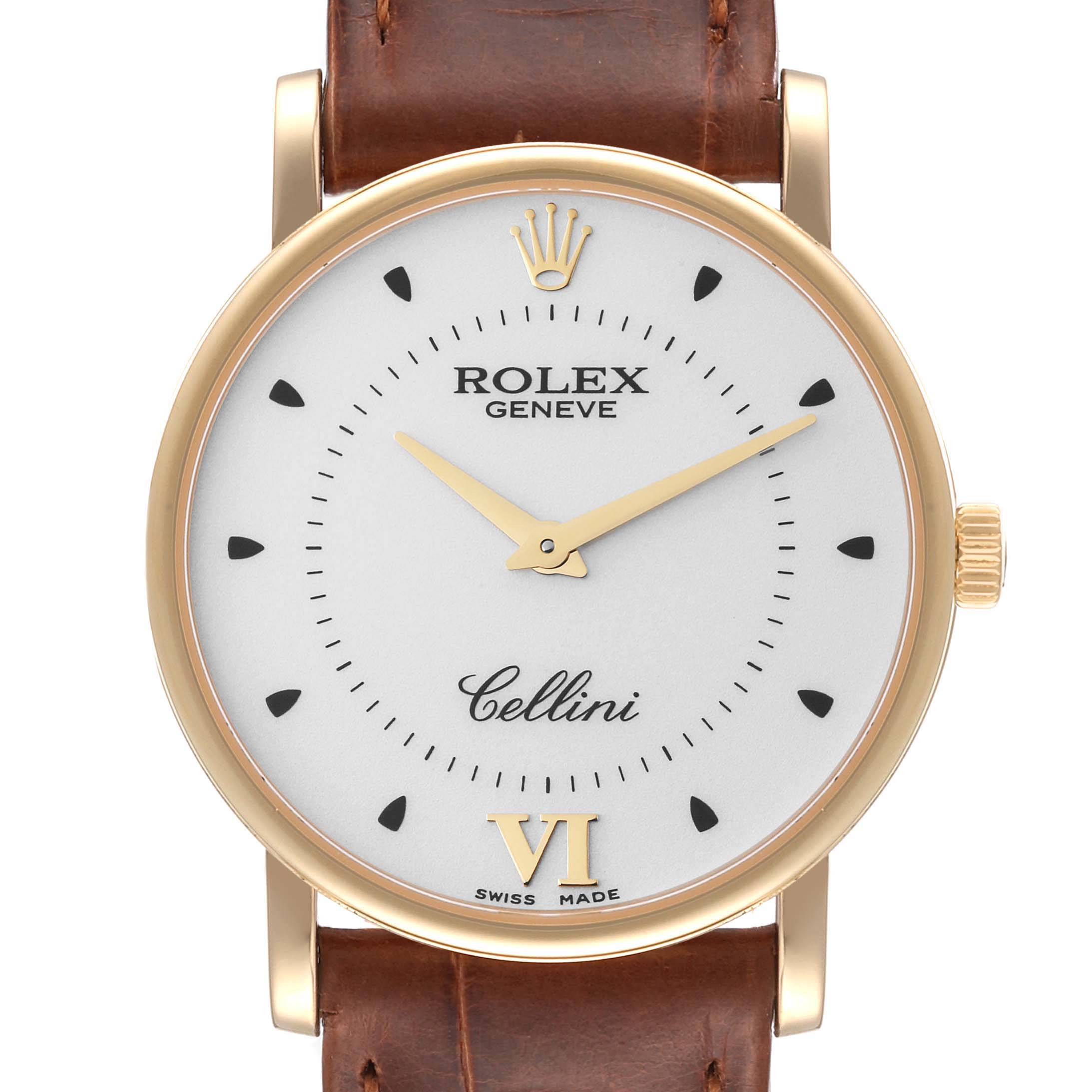 The image displays a front view of the Rolex Cellini 5115 Men's Yellow Gold Silver Dial 5115 Men's Yellow Gold Silver Dial watch, showing the dial, bezel, crown, and part of the leather strap.