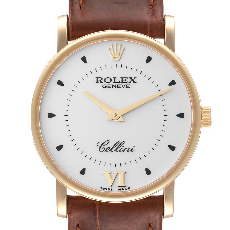 Rolex Cellini Classic Yellow Gold Silver Dial Black Strap Mens Watch 5115 Card SwissWatchExpo