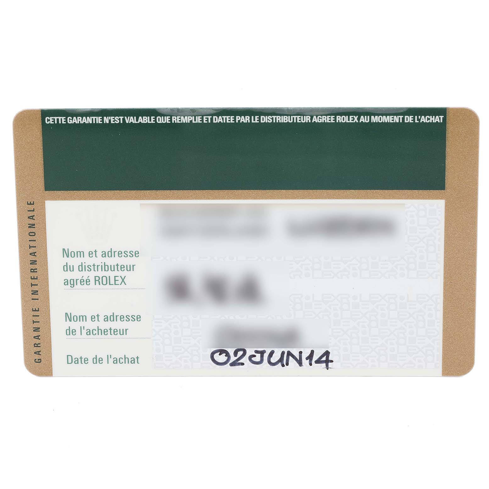 This image shows a warranty card for a Rolex Cellini 5115 Men's Yellow Gold Silver Dial 5115 Men's Yellow Gold Silver Dial model, containing dealer and purchase details.