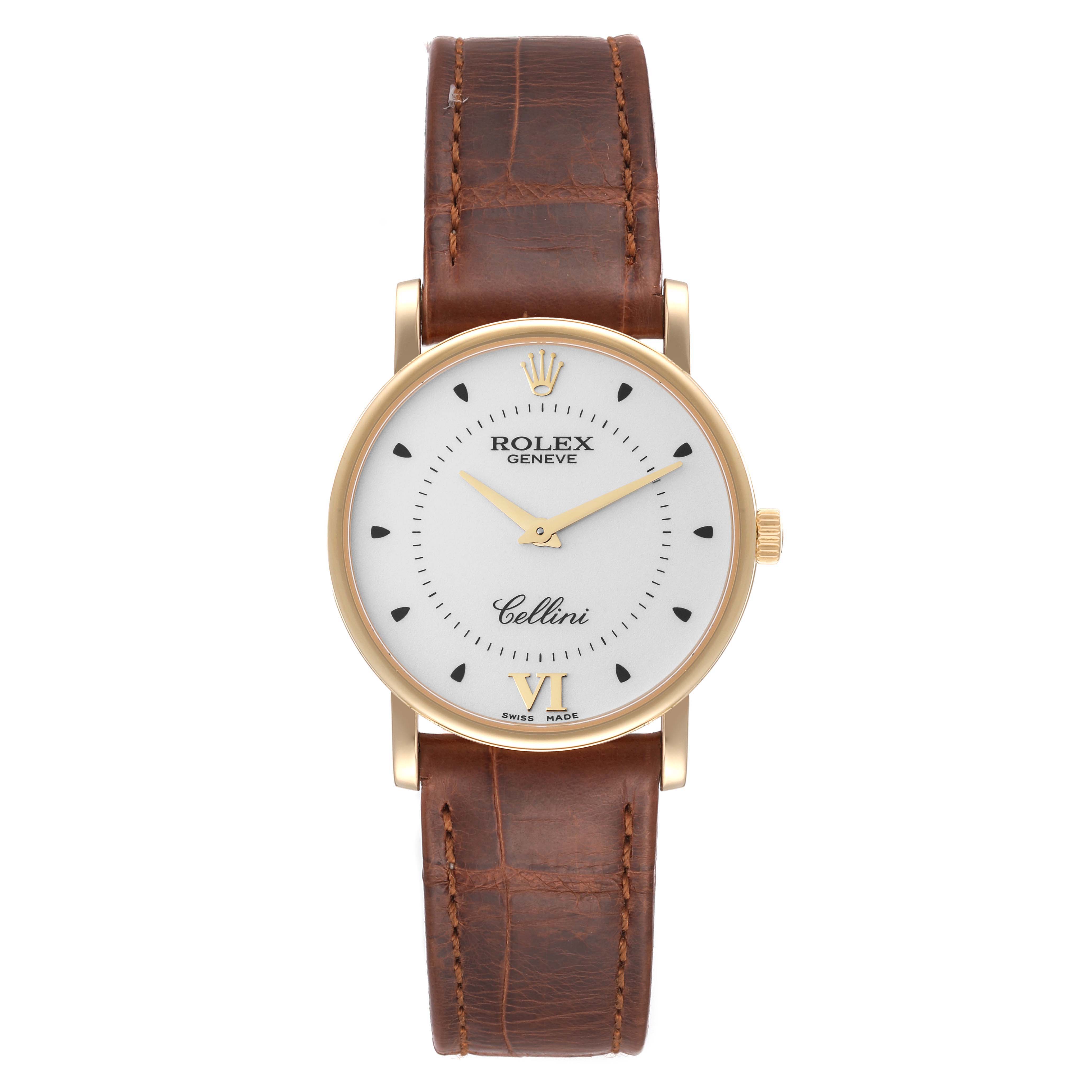 The image shows a front view of the Rolex Cellini 5115 Men's Yellow Gold Silver Dial 5115 Men's Yellow Gold Silver Dial watch, showcasing its white dial, gold case, and brown leather strap.