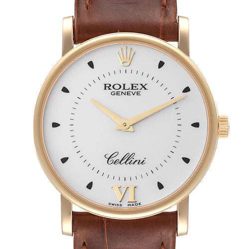 Photo of Rolex Cellini Classic Yellow Gold Silver Dial Black Strap Mens Watch 5115 Card