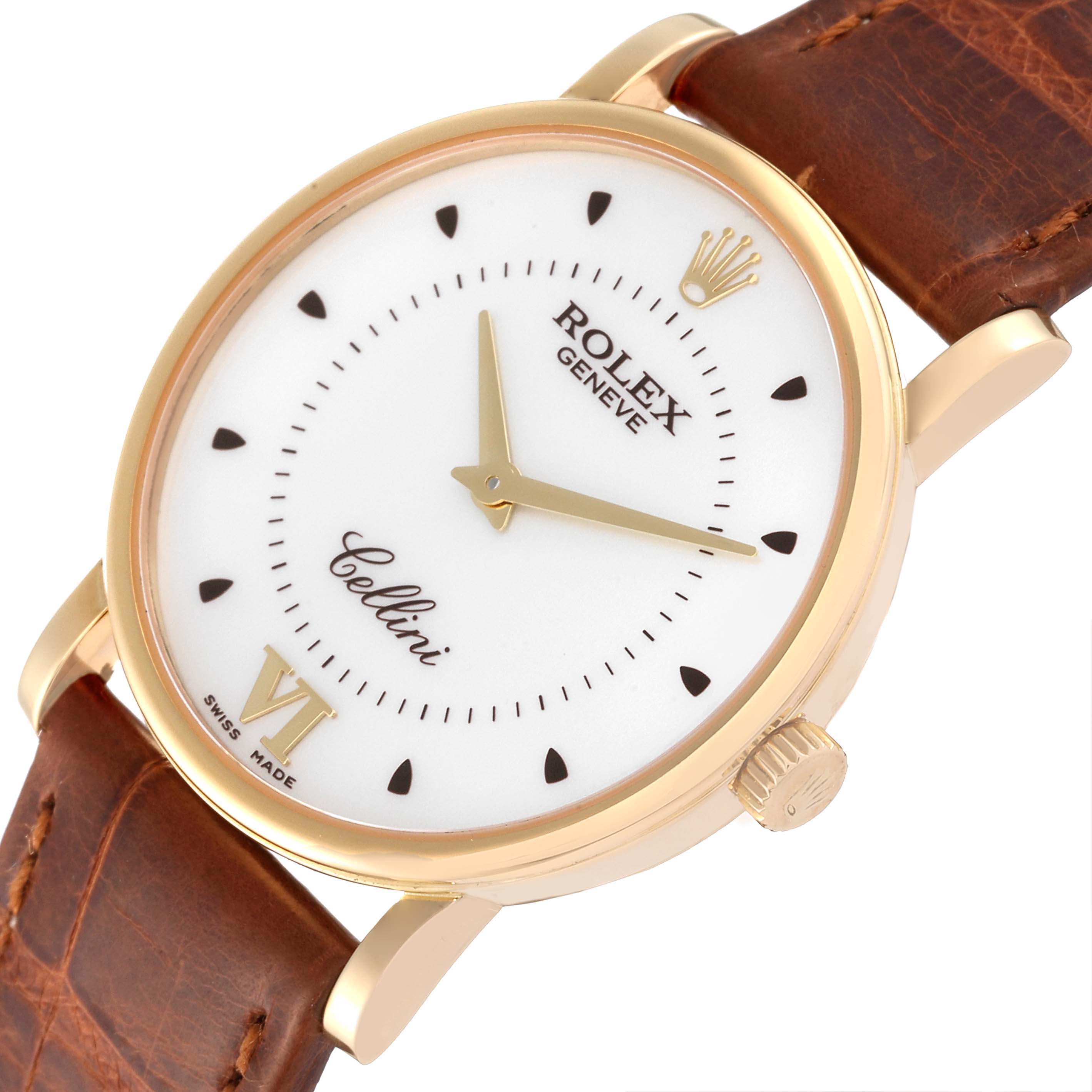 The Rolex Cellini 5115 Men's Yellow Gold Silver Dial 5115 Men's Yellow Gold Silver Dial watch is shown at a slight angle, highlighting its gold bezel, white dial, and brown leather strap.