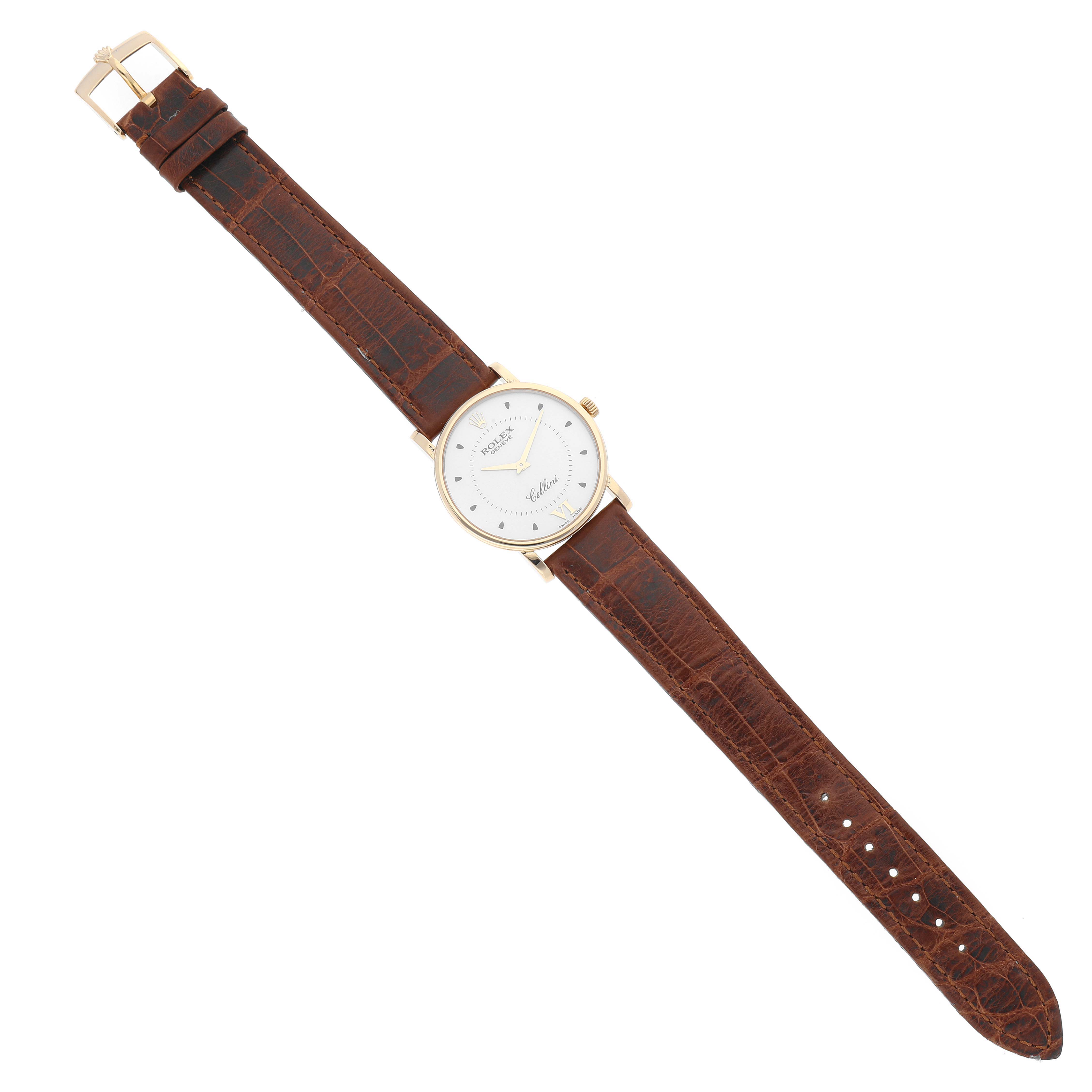 The Rolex Cellini 5115 Men's Yellow Gold Silver Dial 5115 Men's Yellow Gold Silver Dial watch is shown in a top view, displaying the entire watch including the face, brown leather strap, and buckle.