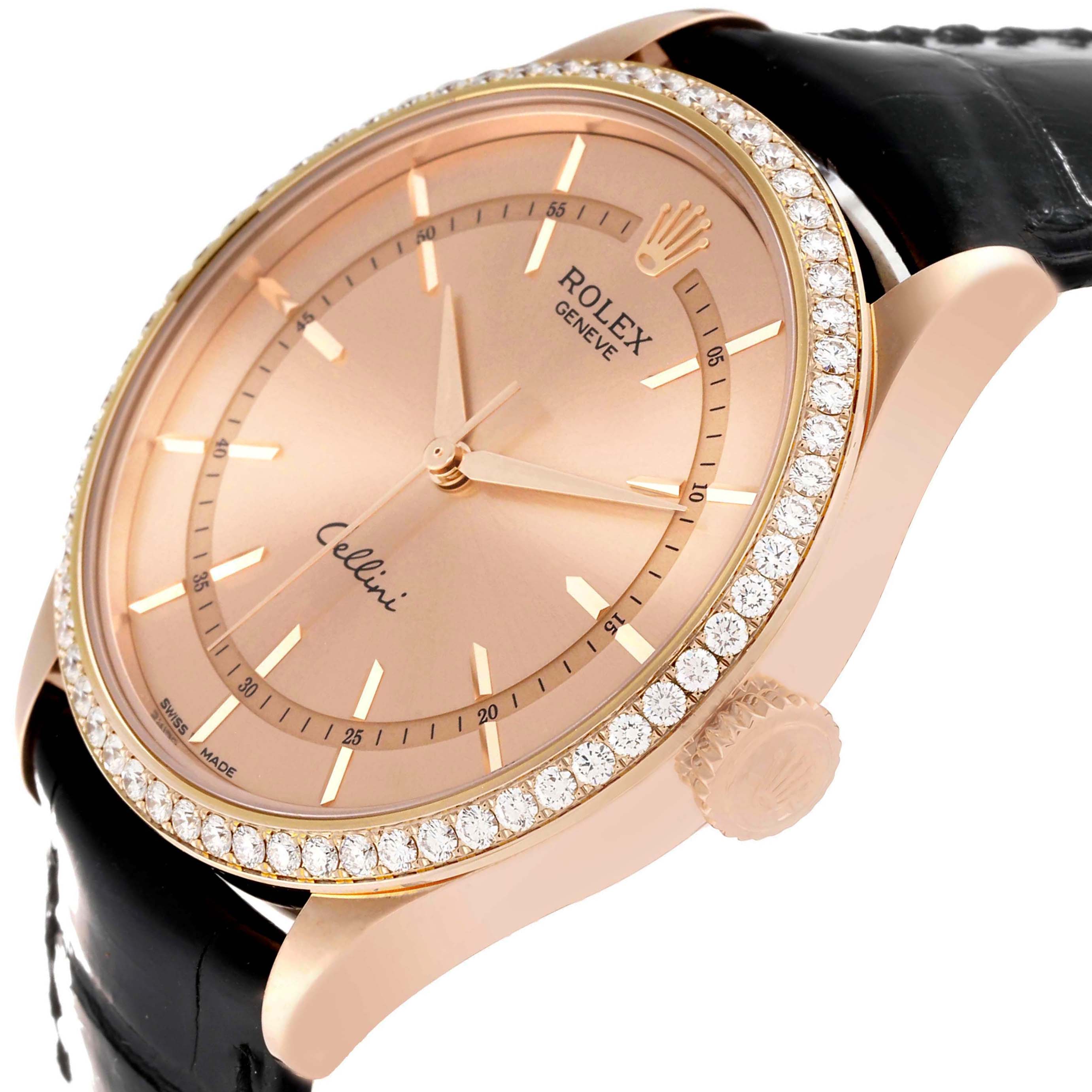The image shows a side angle view of a Rolex Cellini 50705 Men's Rose Gold Pink Dial 50705 Men's Rose Gold Pink Dial watch highlighting its rose gold case, diamond bezel, crown, and black strap.