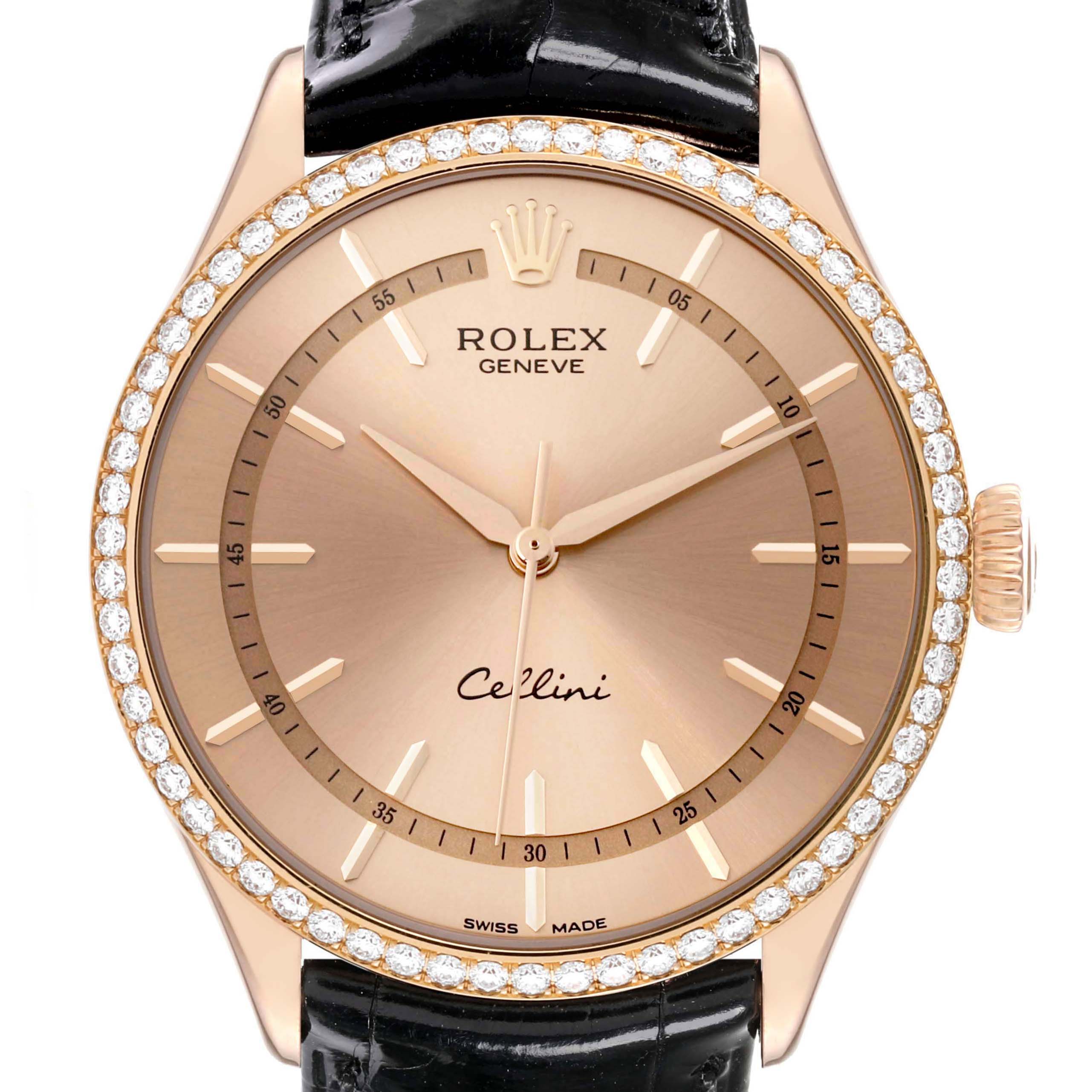 This image shows a Rolex Cellini 50705 Men's Rose Gold Pink Dial 50705 Men's Rose Gold Pink Dial watch from a front angle, highlighting its face, crown, bezel, and part of the strap.
