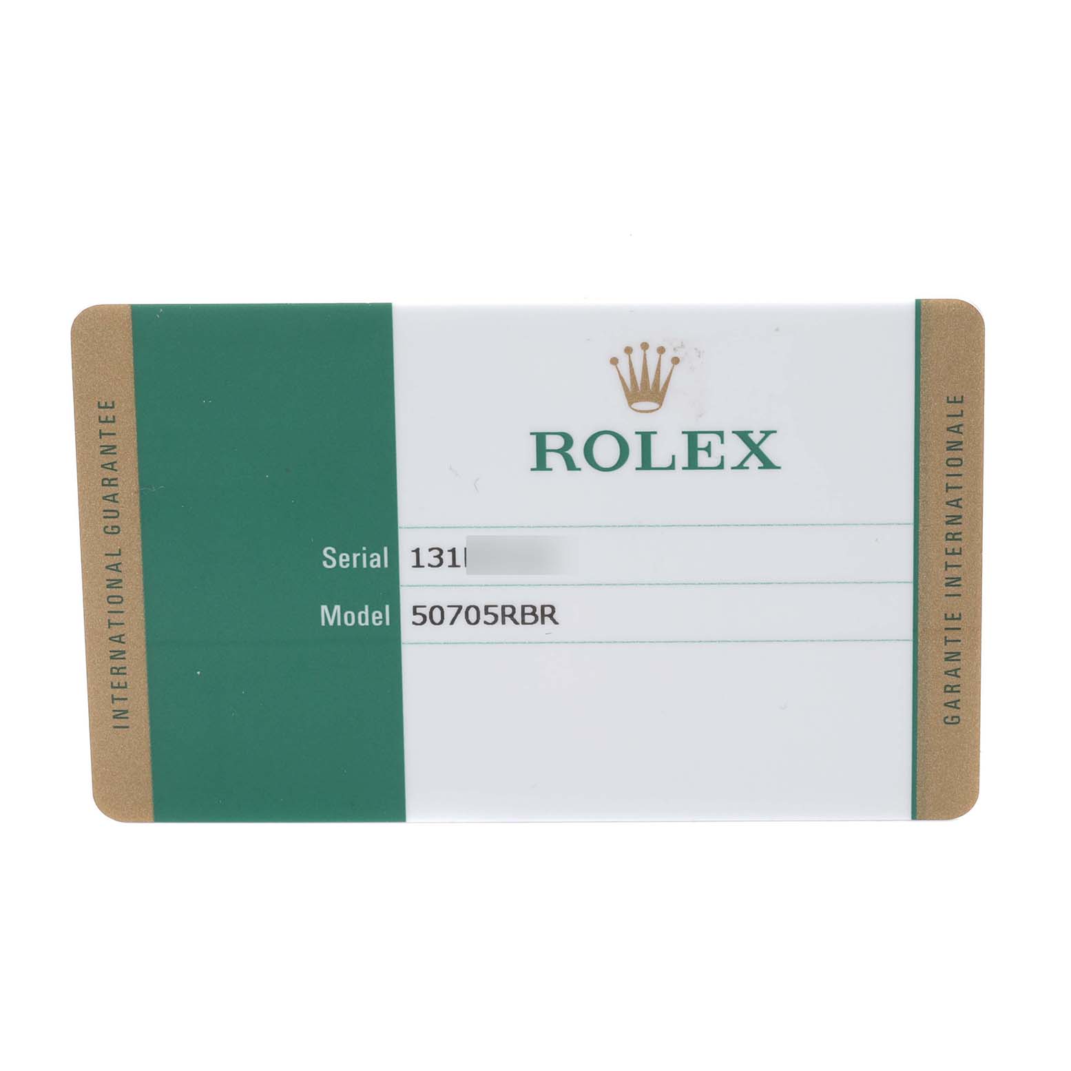 The image shows the international guarantee card of a Rolex Cellini 50705 Men's Rose Gold Pink Dial 50705 Men's Rose Gold Pink Dial model 50705RBR, displaying the serial number and brand logo.