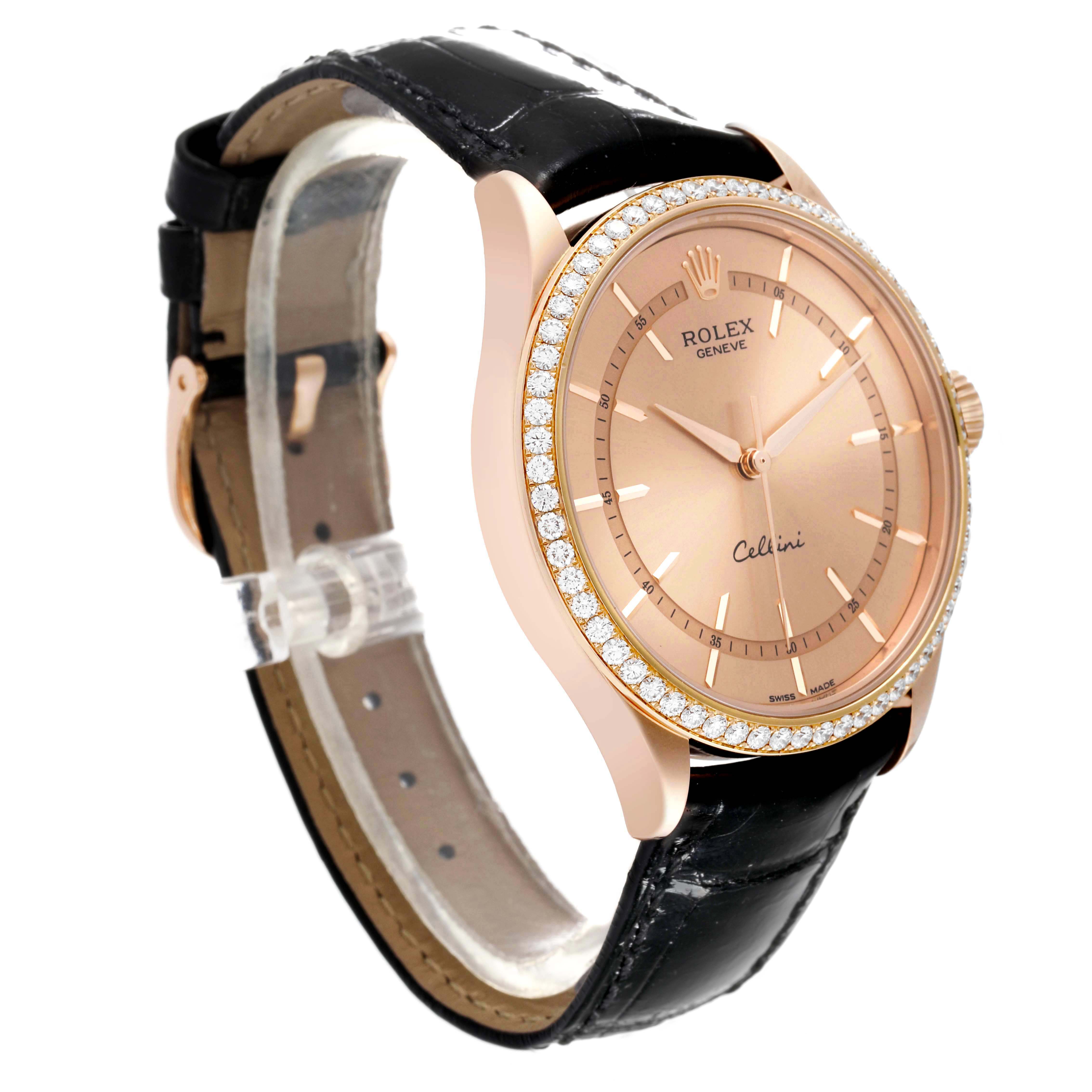 This image shows a side angle of the Rolex Cellini 50705 Men's Rose Gold Pink Dial 50705 Men's Rose Gold Pink Dial watch, highlighting its leather strap, rose gold case, and diamond bezel.