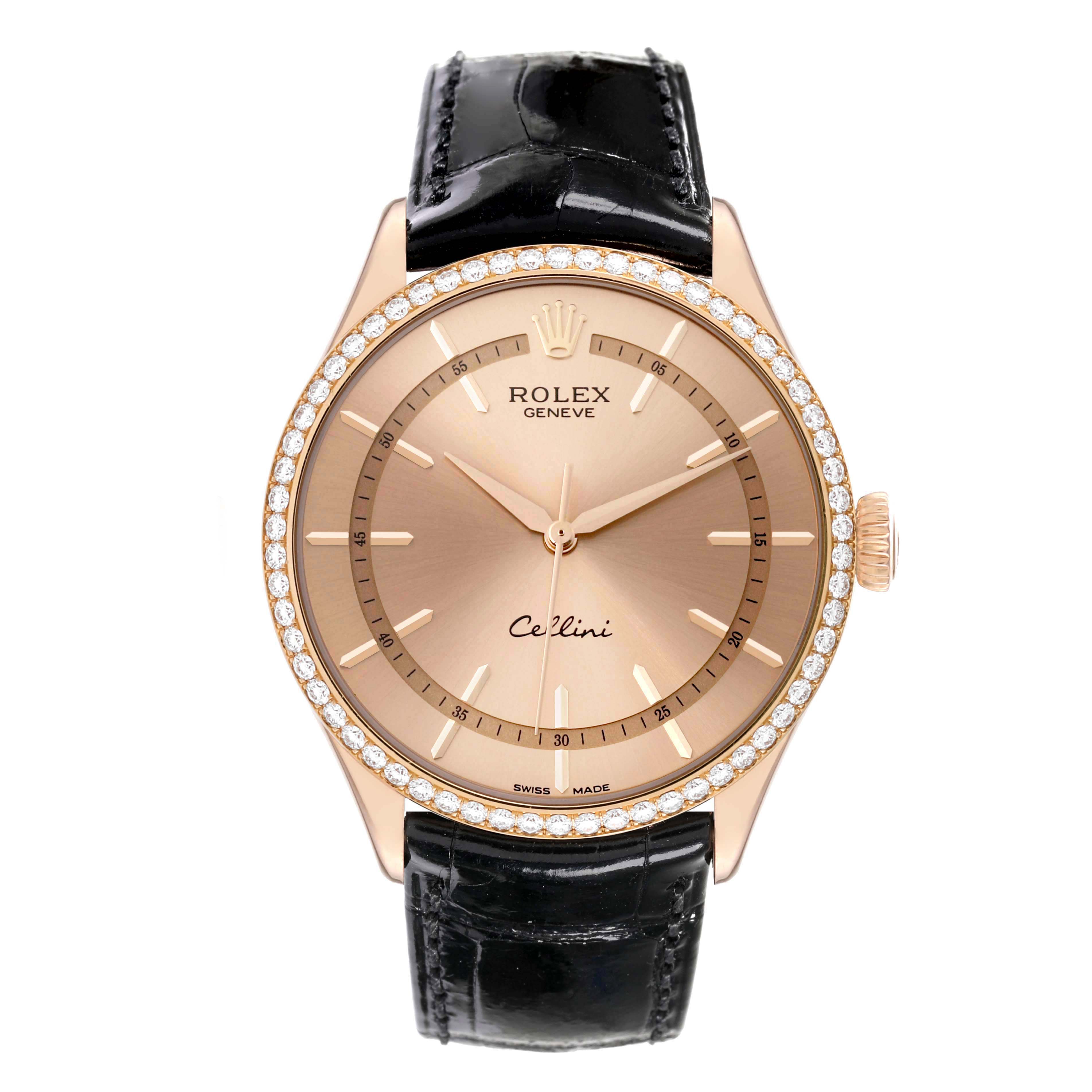The image shows a frontal view of a Rolex Cellini 50705 Men's Rose Gold Pink Dial 50705 Men's Rose Gold Pink Dial watch, highlighting the watch face, bezel, hands, and black leather strap.