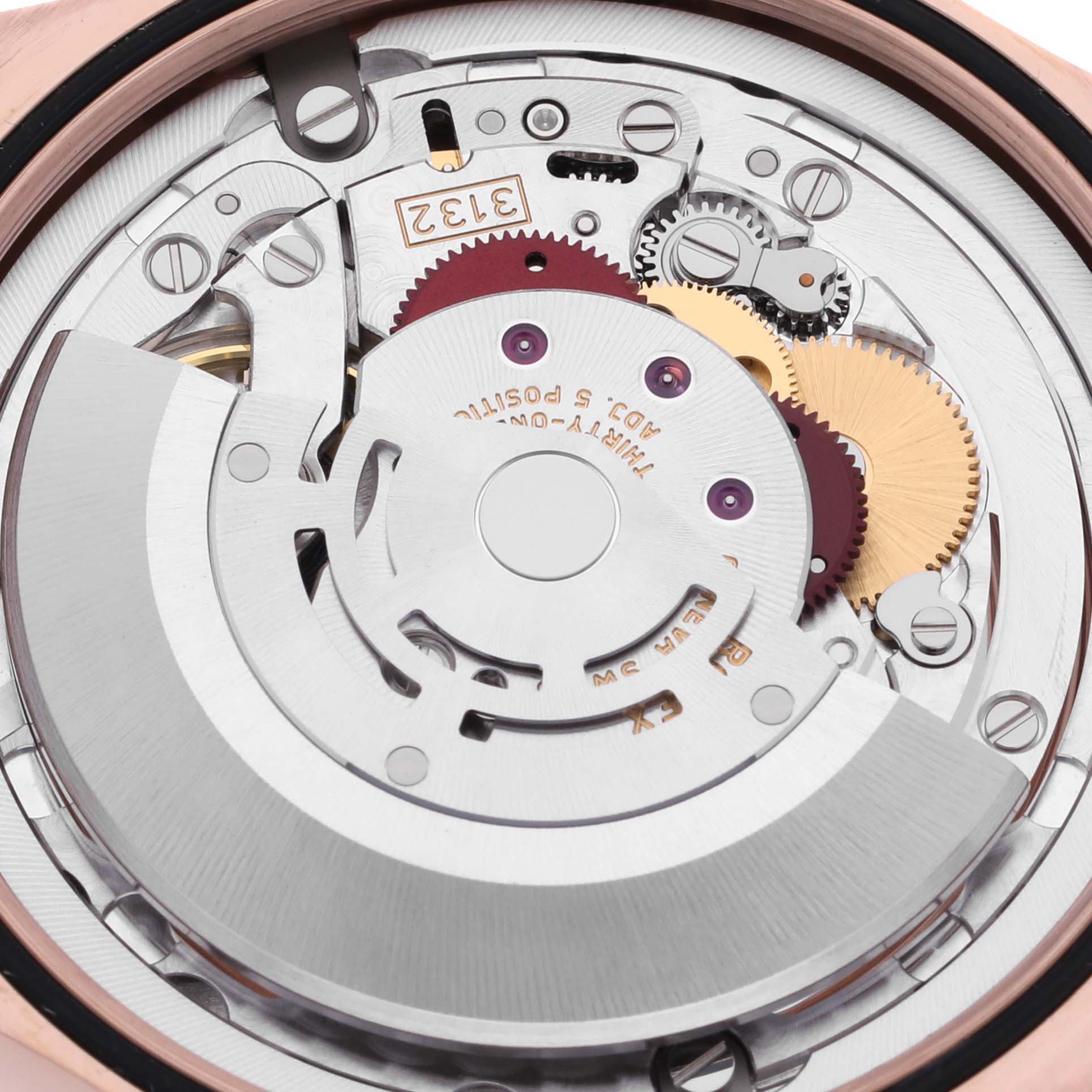 This image shows the internal mechanism of a Rolex Cellini 50705 Men's Rose Gold Pink Dial 50705 Men's Rose Gold Pink Dial watch viewed from the back.