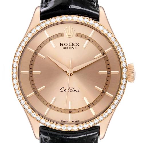 This image shows a front view of the Rolex Cellini watch, highlighting its face, diamond bezel, and crown on the right.