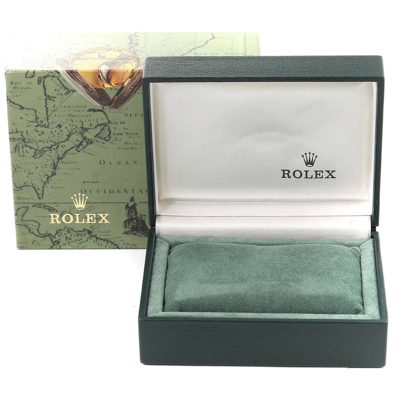 The image shows an open Rolex Date 79160 Women
s Stainless Steel Blue Dial 79160 Women
s Stainless Steel Blue Dial model watch box and its matching outer green and gold packaging.