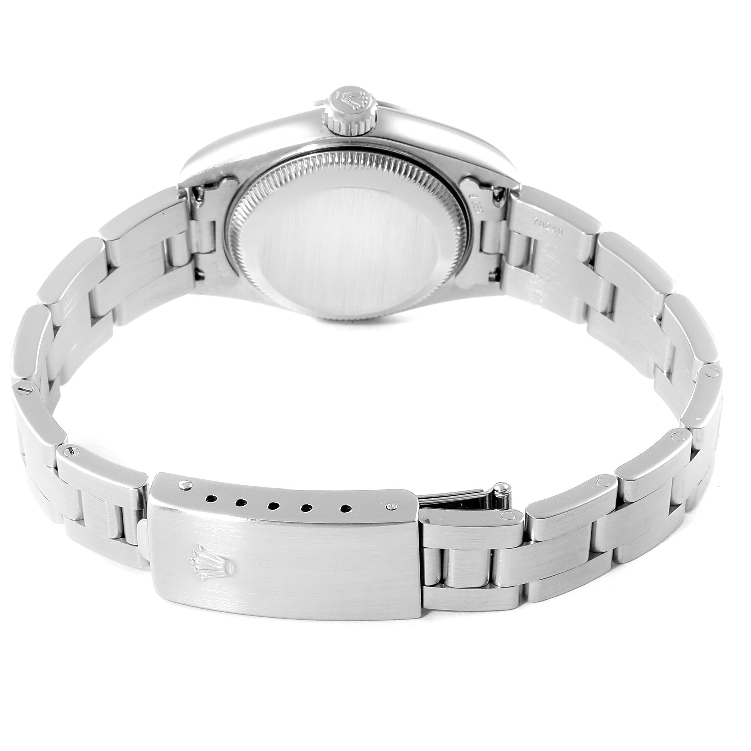 The image shows the back and bracelet clasp of the Rolex Date 79160 Women
s Stainless Steel Blue Dial 79160 Women
s Stainless Steel Blue Dial model.