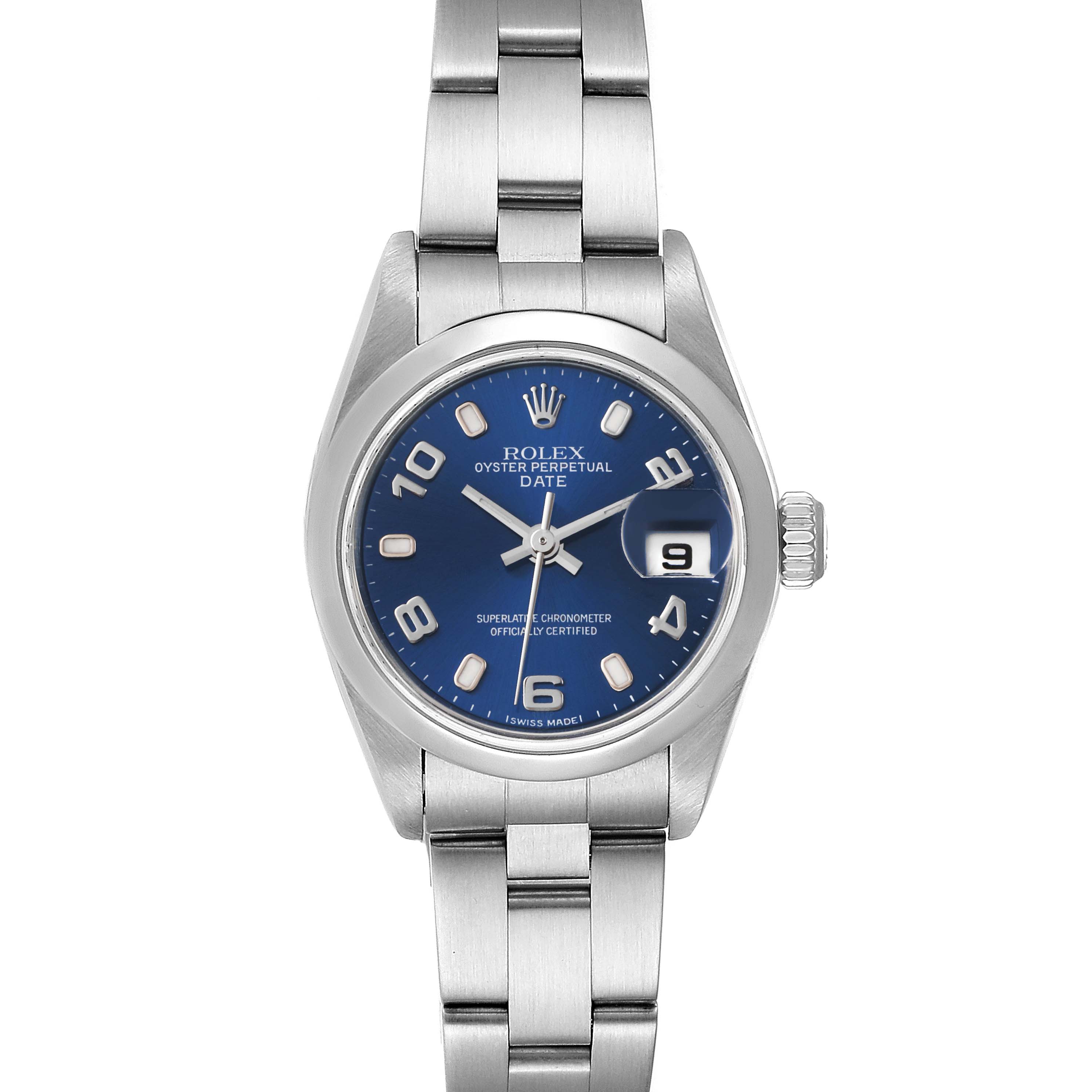 This image shows a front view of the Rolex Oyster Perpetual Date watch with a blue dial and metal bracelet.