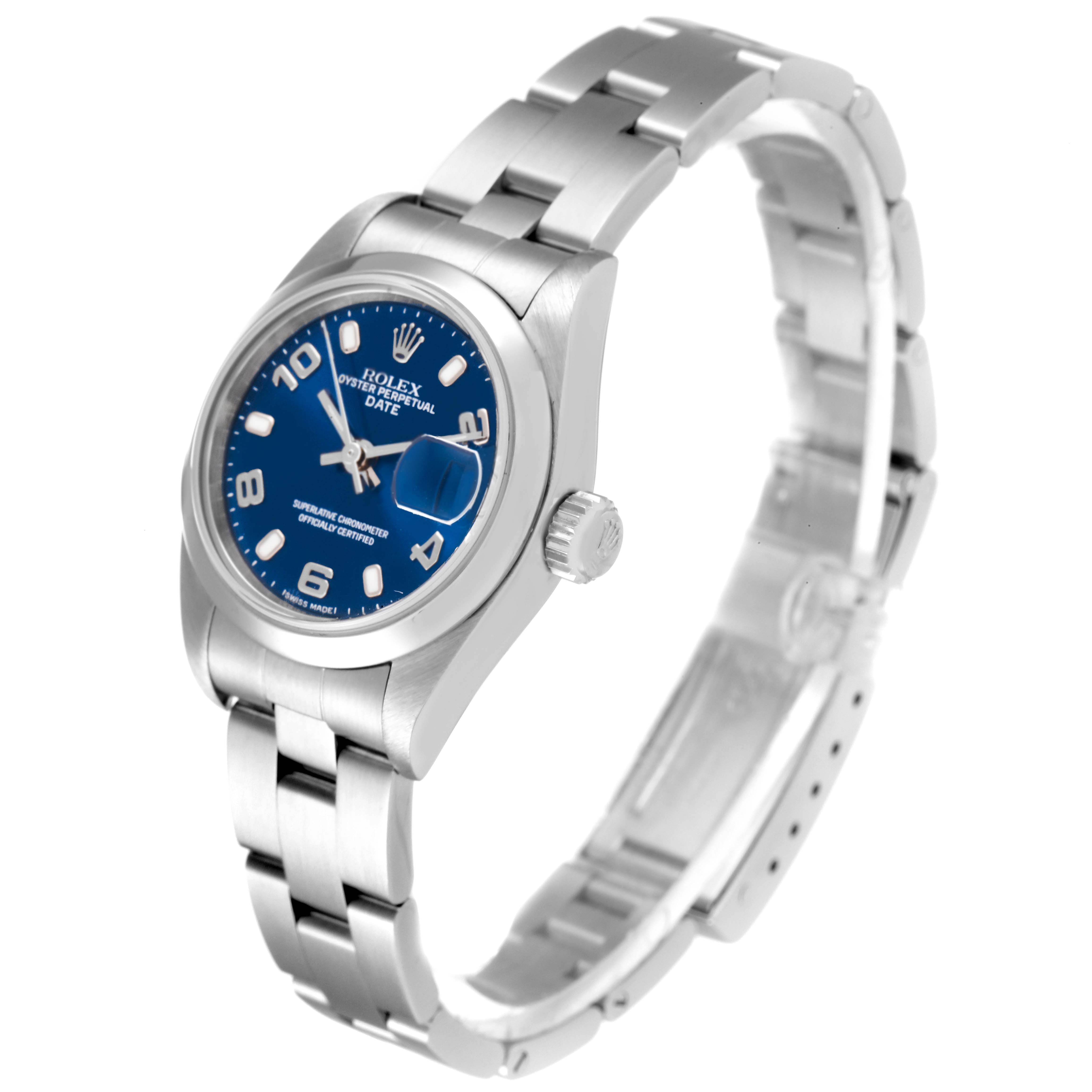The image shows a Rolex Date 79160 Women
s Stainless Steel Blue Dial 79160 Women
s Stainless Steel Blue Dial model watch from a slight side angle, featuring the dial, bracelet, and crown.