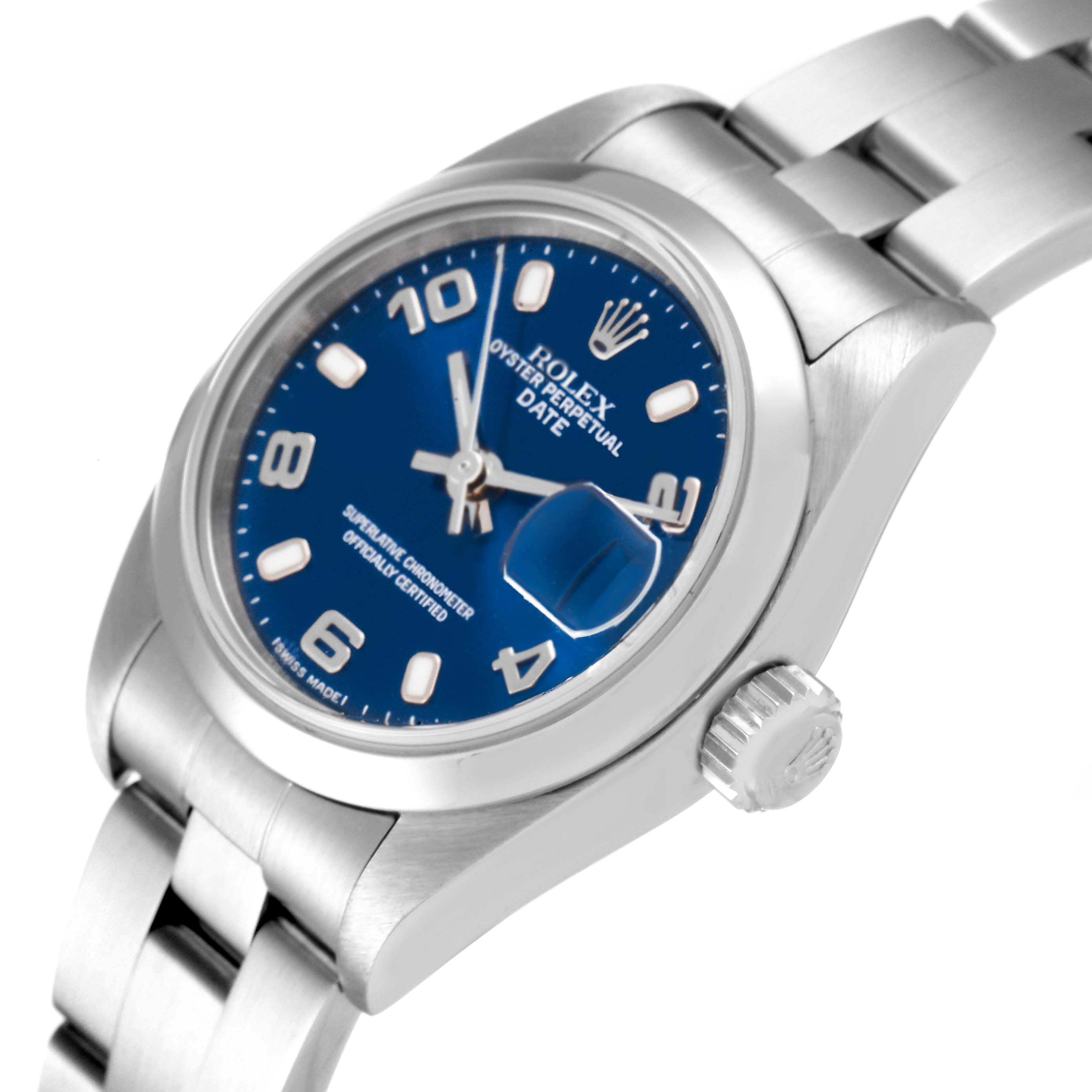 This image shows a side view of the Rolex Date 79160 Women
s Stainless Steel Blue Dial 79160 Women
s Stainless Steel Blue Dial model, highlighting the blue dial, crown, and part of the bracelet.