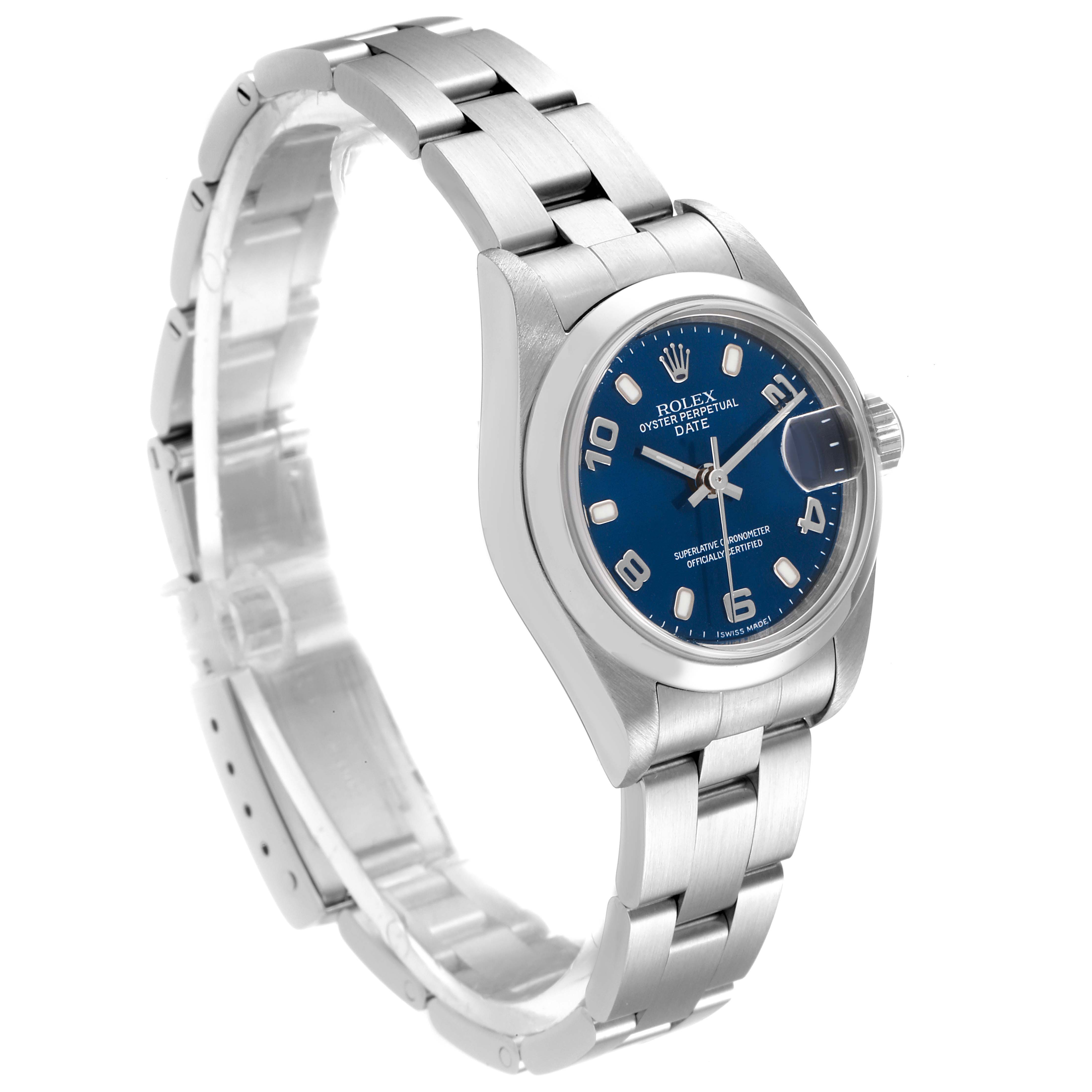 The image shows a stainless steel Rolex Date 79160 Women
s Stainless Steel Blue Dial 79160 Women
s Stainless Steel Blue Dial watch model from a front angle, highlighting the bracelet and blue dial.