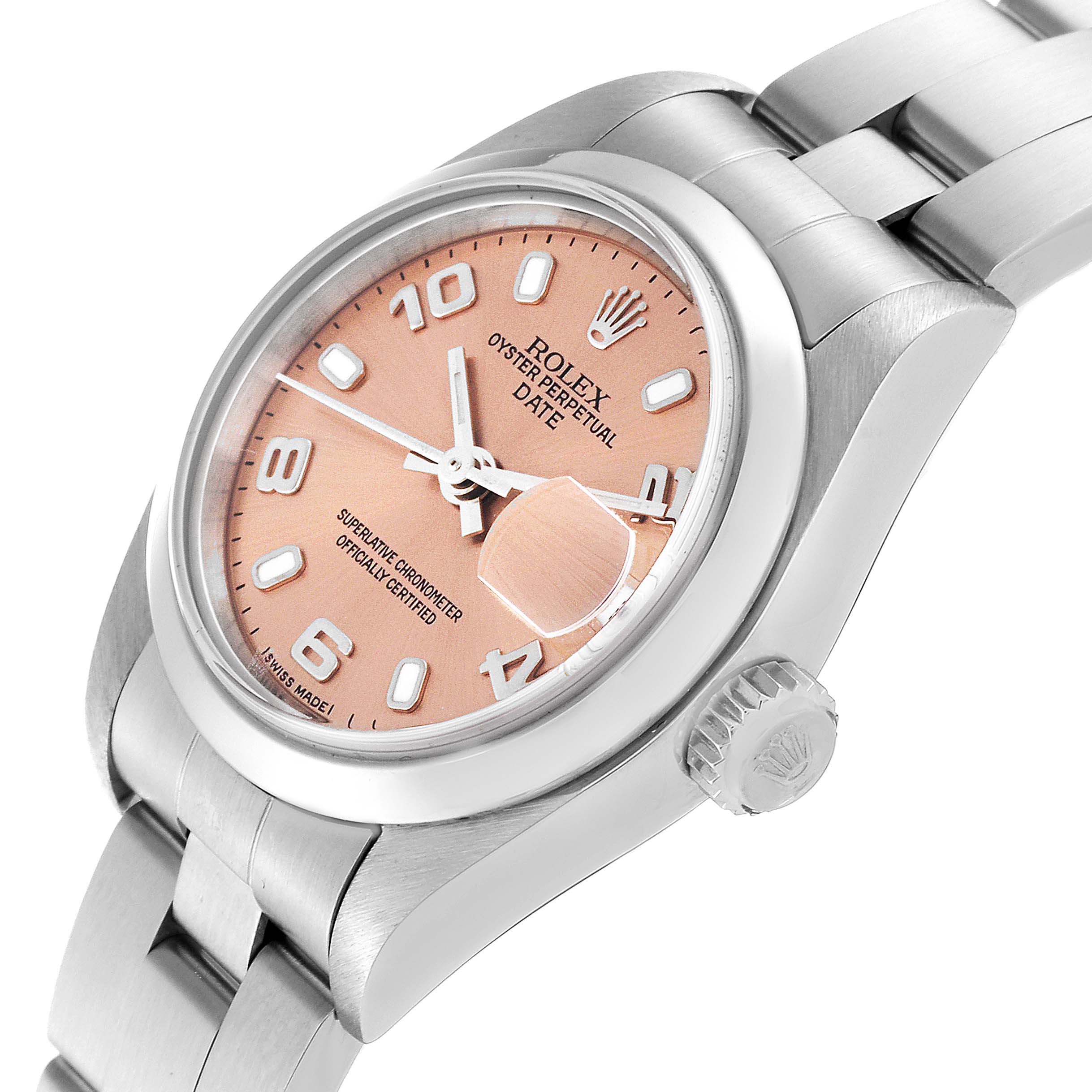 The Rolex Date 79160 Women's Stainless Steel Pink Dial 79160 Women's Stainless Steel Pink Dial model watch is shown from an angled view, highlighting the dial, crown, and bracelet.