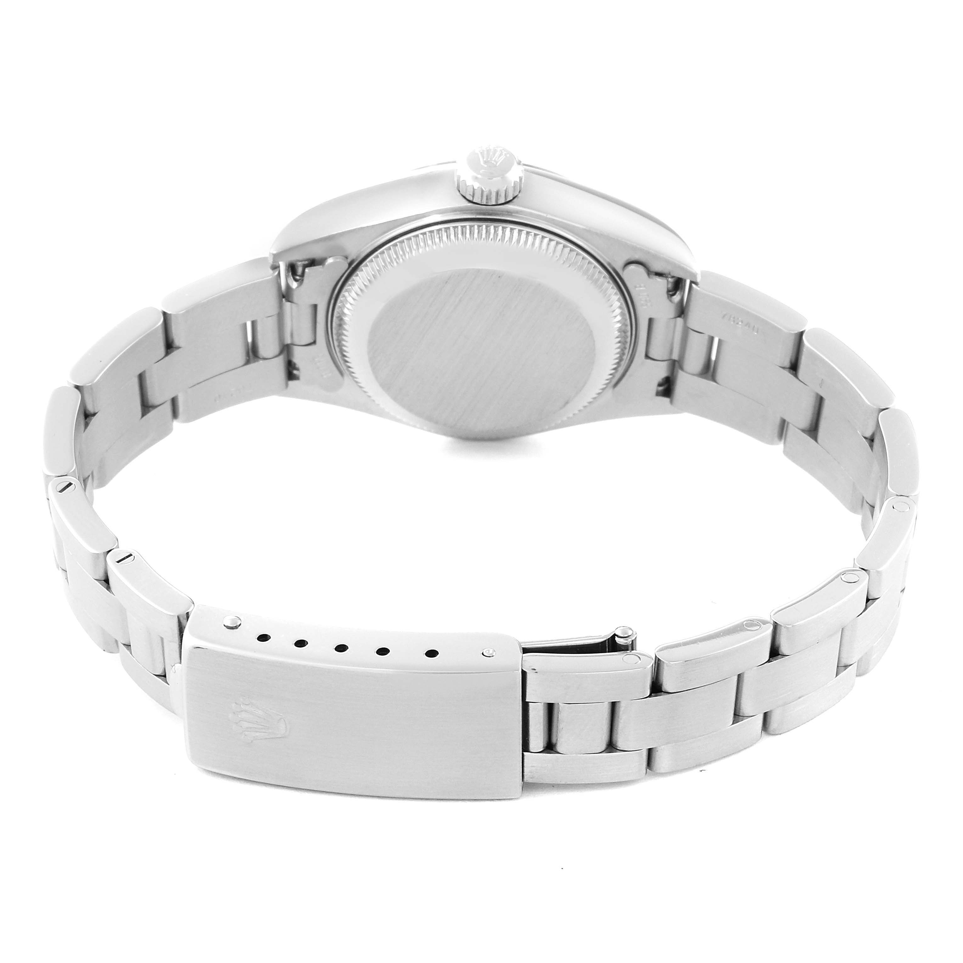 The image shows the back view of the Rolex Date 79160 Women's Stainless Steel Pink Dial 79160 Women's Stainless Steel Pink Dial model watch, highlighting the case back, bracelet, and clasp.