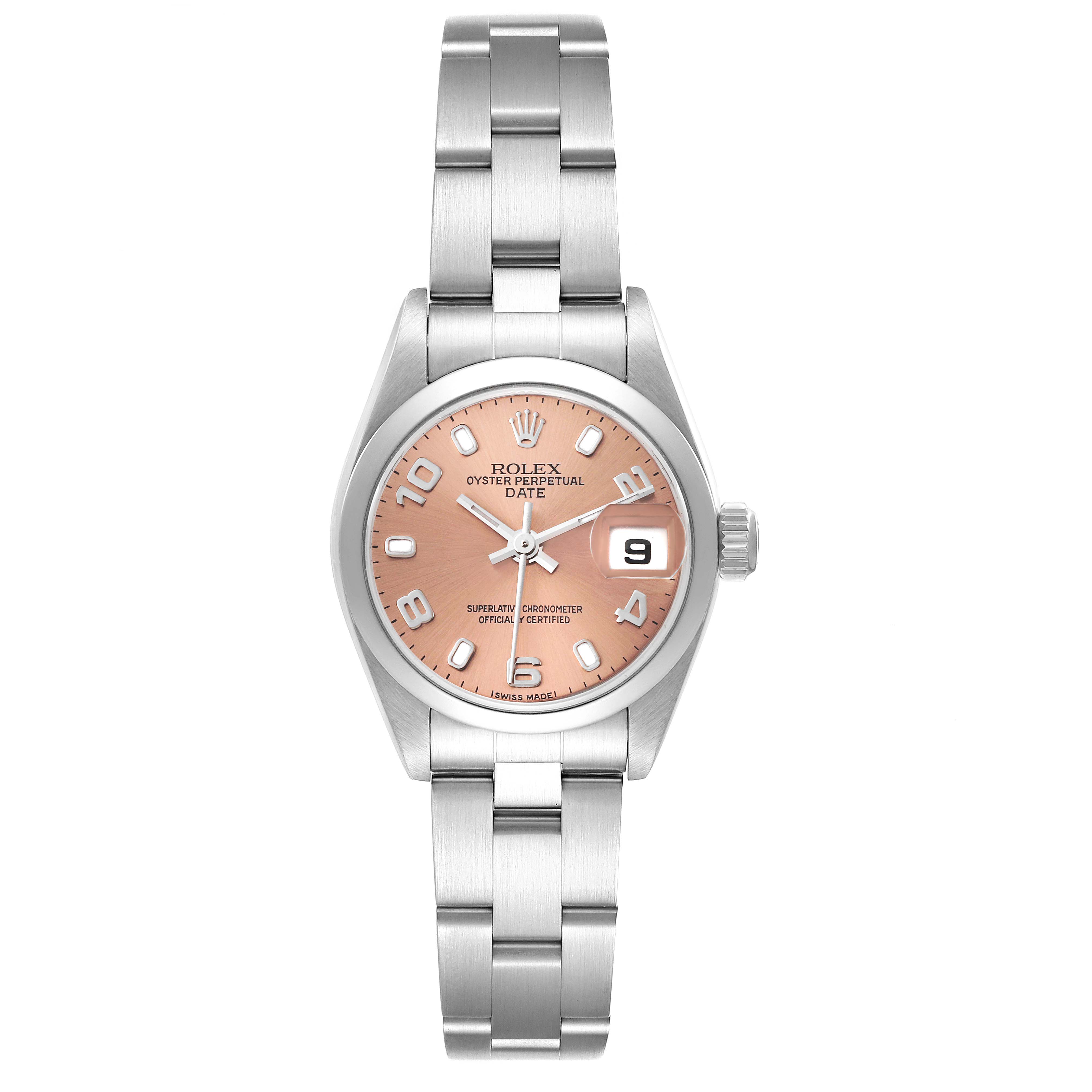 The image shows a frontal view of a Rolex Date 79160 Women's Stainless Steel Pink Dial 79160 Women's Stainless Steel Pink Dial model watch displaying the face, hour marks, hands, date window, crown, and bracelet.