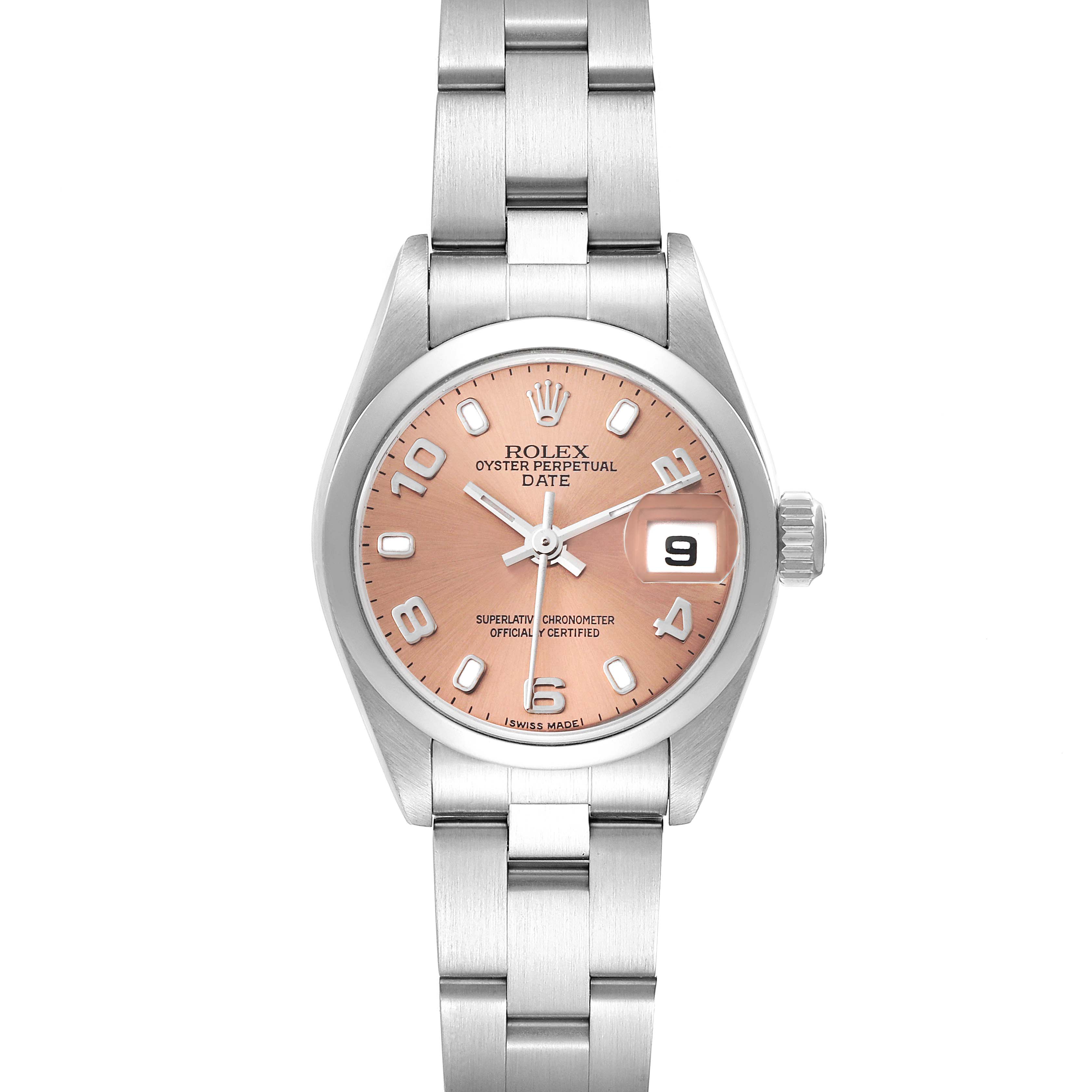The image shows a front view of a Rolex Oyster Perpetual Date, highlighting the dial, bracelet, and date window.