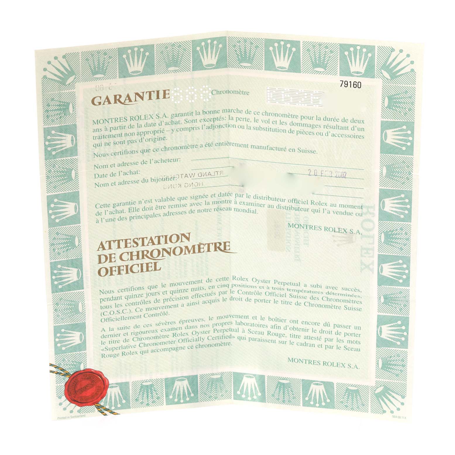 This image shows the warranty and certification papers of a Rolex Date 79160 Women's Stainless Steel Pink Dial 79160 Women's Stainless Steel Pink Dial model watch.