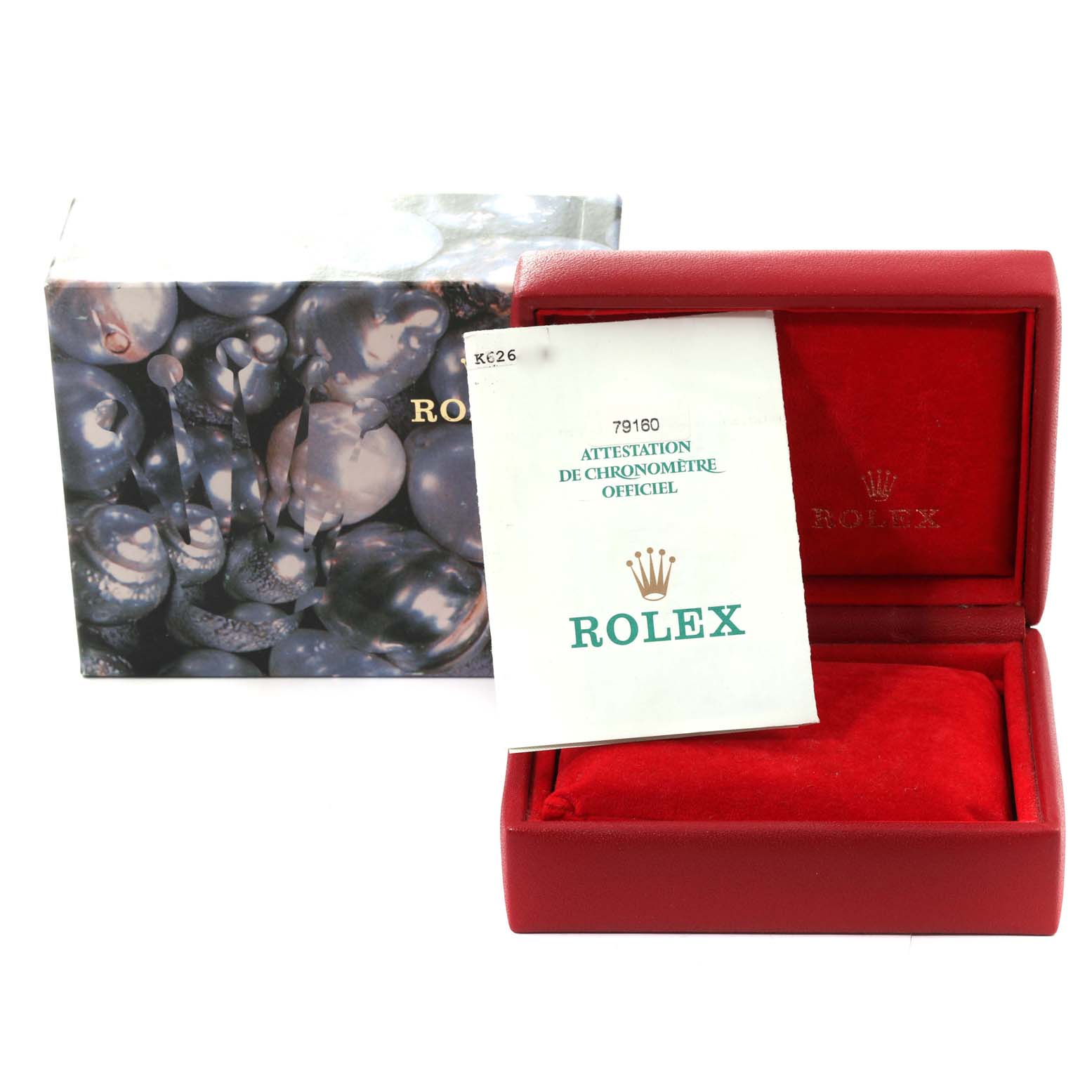 The image shows a Rolex Date 79160 Women's Stainless Steel Pink Dial 79160 Women's Stainless Steel Pink Dial model watch box, certificate, and outer packaging from a front angle.