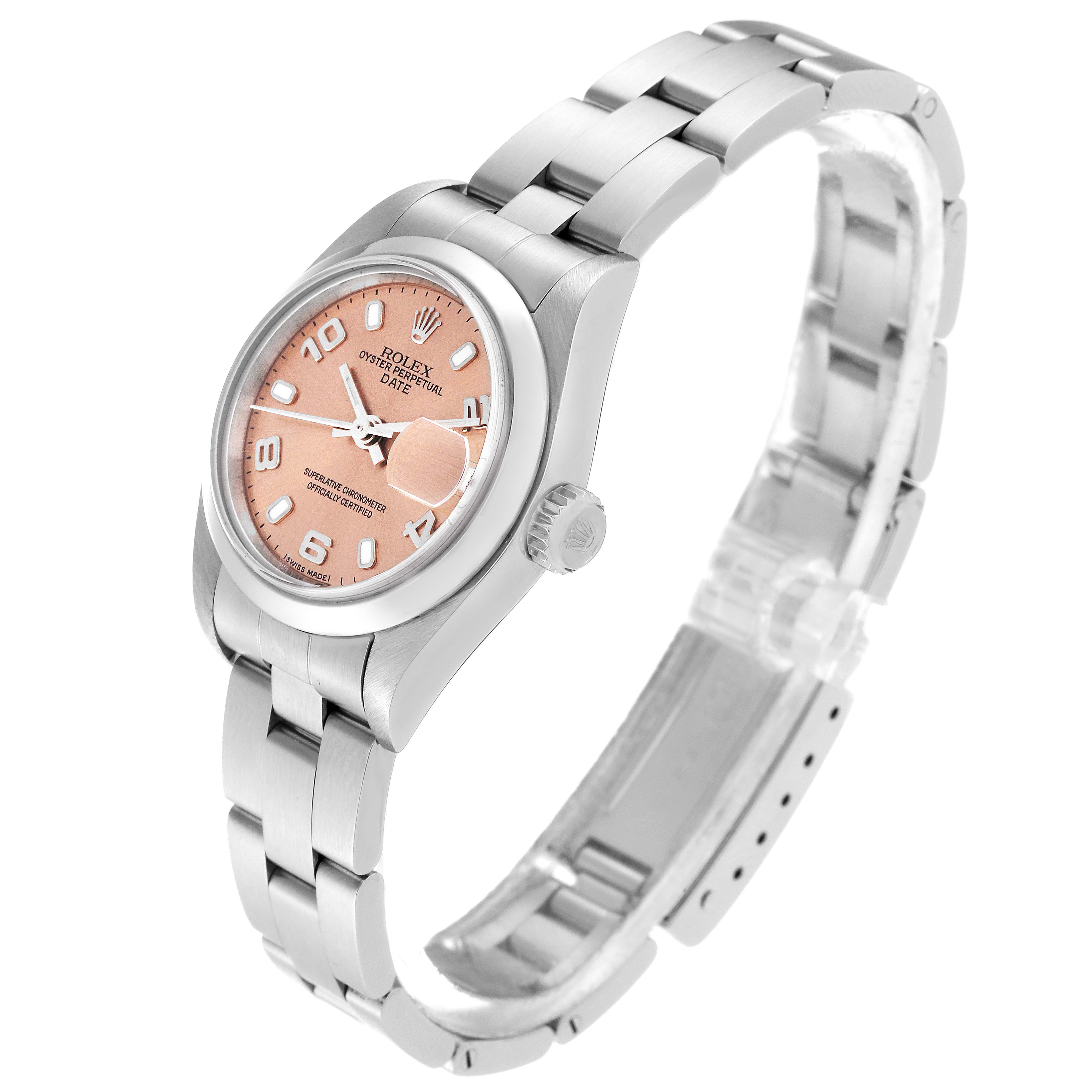 This image shows a Rolex Date 79160 Women's Stainless Steel Pink Dial 79160 Women's Stainless Steel Pink Dial model watch at a three-quarter angle, highlighting the watch face, bracelet, and crown.