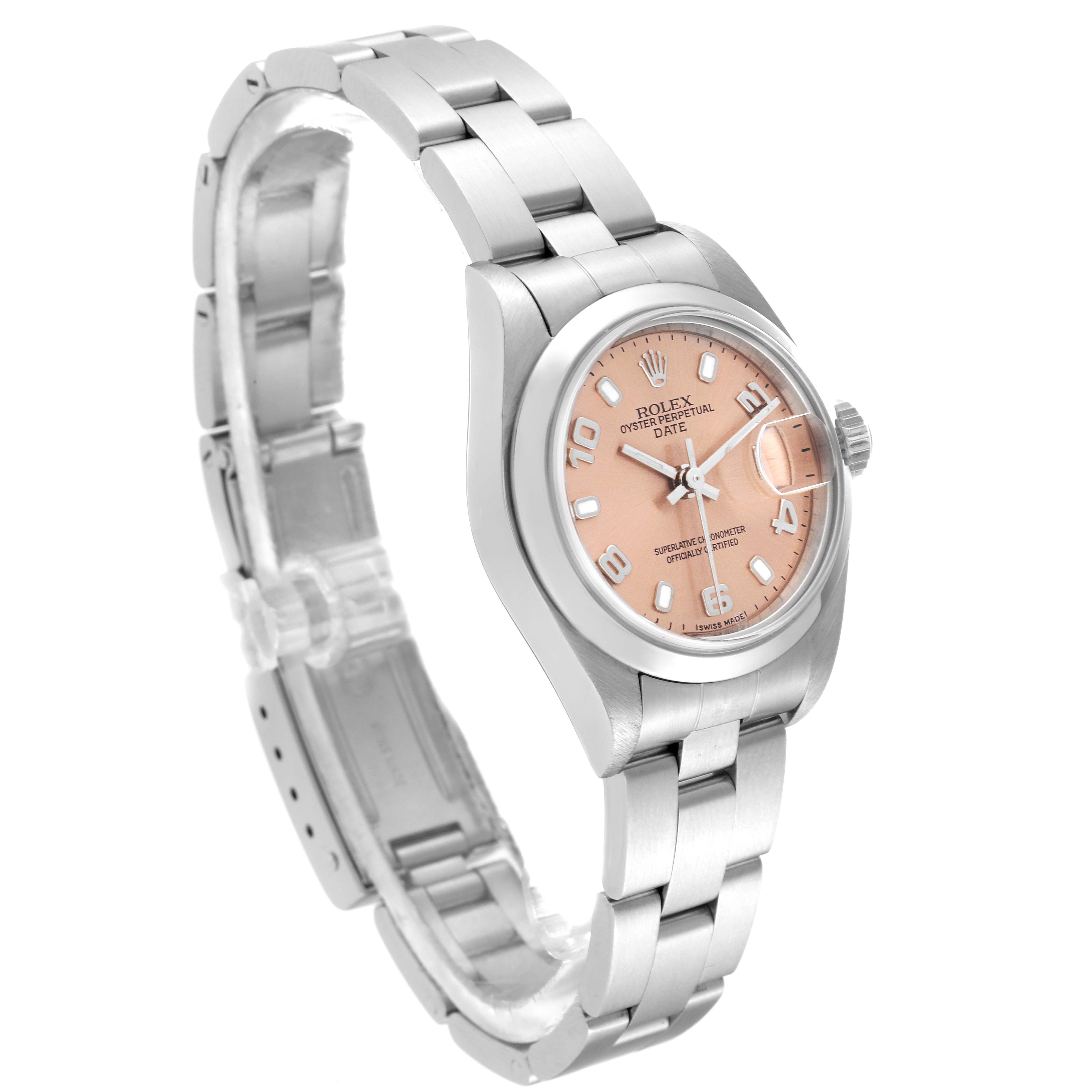 The image shows a Rolex Date 79160 Women's Stainless Steel Pink Dial 79160 Women's Stainless Steel Pink Dial model watch, viewed at a slight angle, displaying the face, bracelet, and clasp.