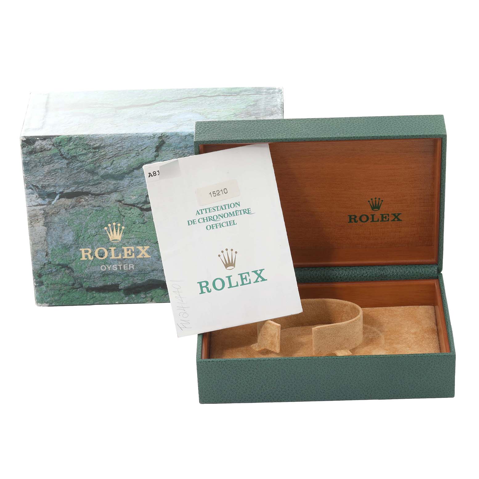 This image shows the packaging box, inner watch box, and certificate for the Rolex Date 15210 Men
s Stainless Steel Black Dial 15210 Men
s Stainless Steel Black Dial model.