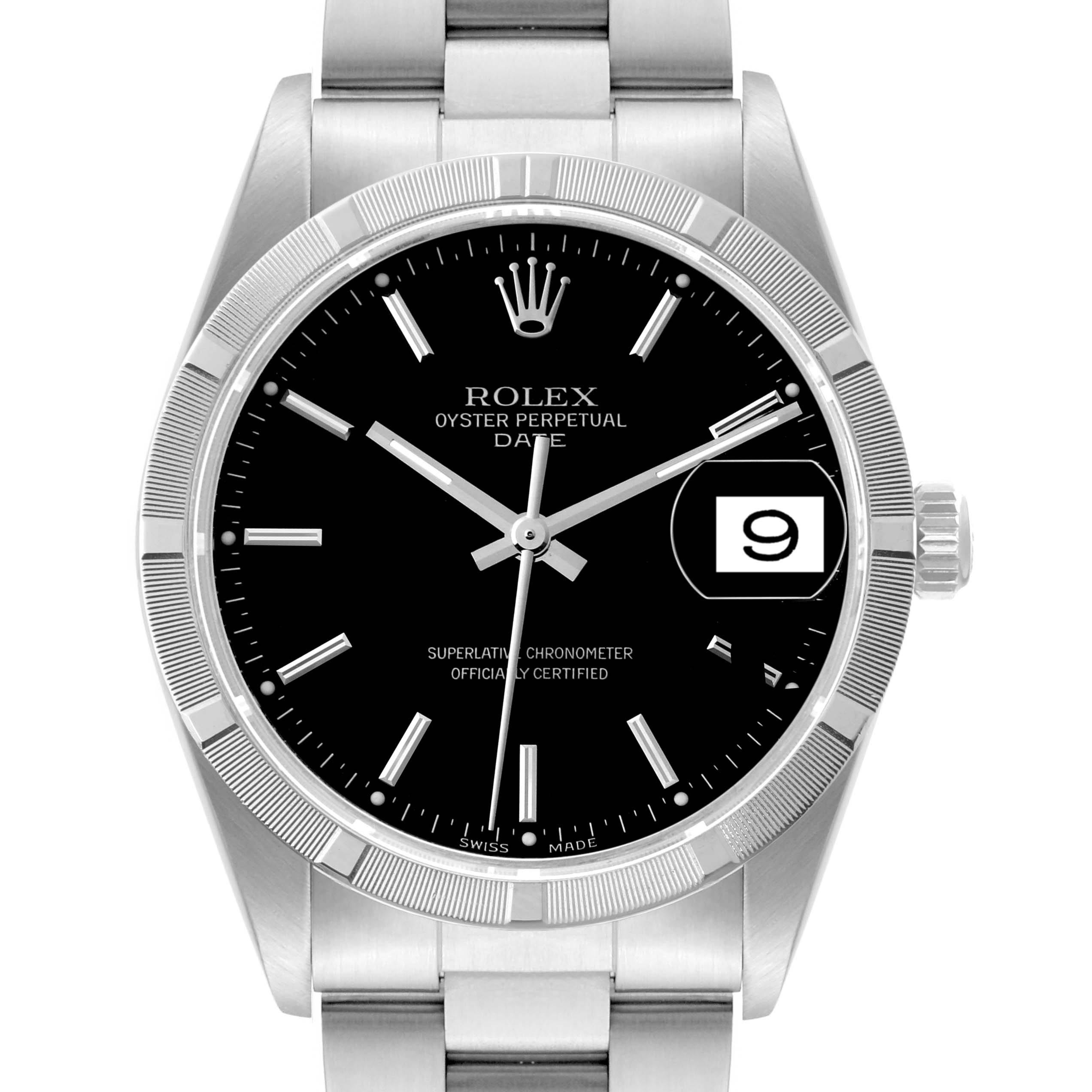 The image shows a front view of a Rolex Oyster Perpetual Date watch, focusing on the dial, bezel, and bracelet.