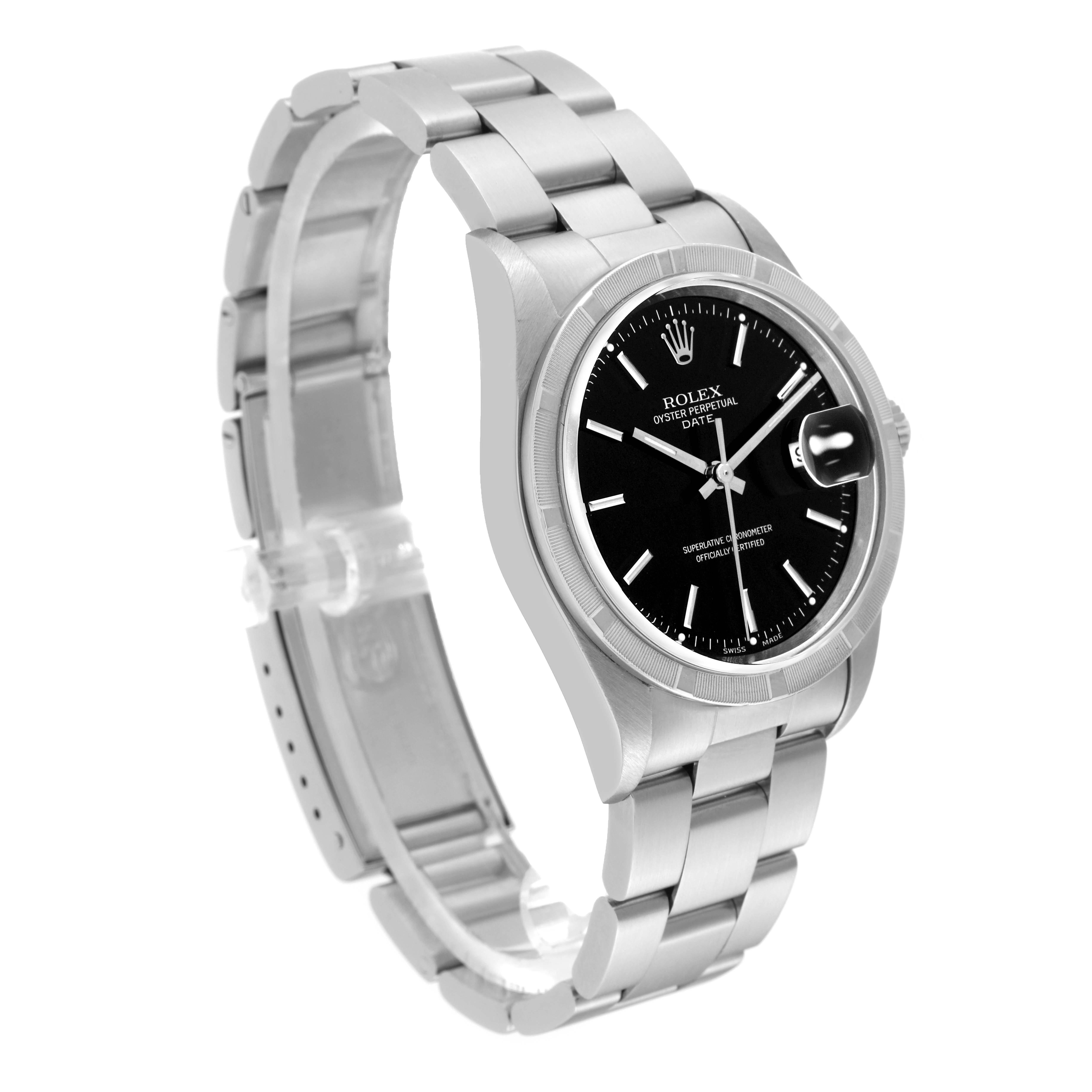 The image shows a Rolex Date 15210 Men
s Stainless Steel Black Dial 15210 Men
s Stainless Steel Black Dial model watch at a three-quarter angle, highlighting the black dial, case, and bracelet.