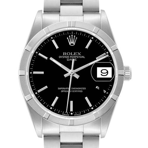 Photo of Rolex Date Black Dial Engine Turned Bezel Steel Mens Watch 15210 Box Papers