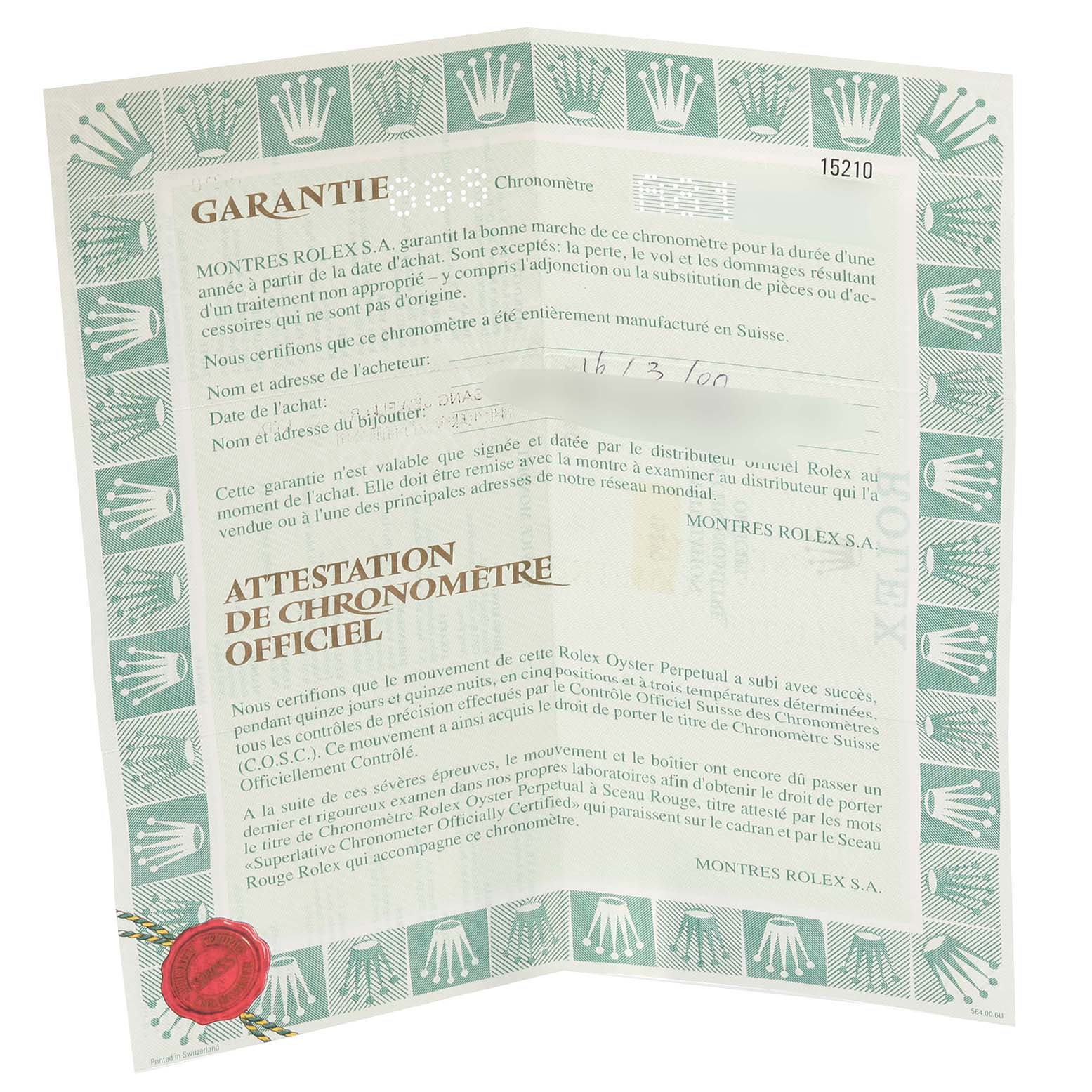 This is an image of the warranty certificate for the Rolex Date 15210 Men
s Stainless Steel Black Dial 15210 Men
s Stainless Steel Black Dial model, showing its Best Quality
ation and purchase details.