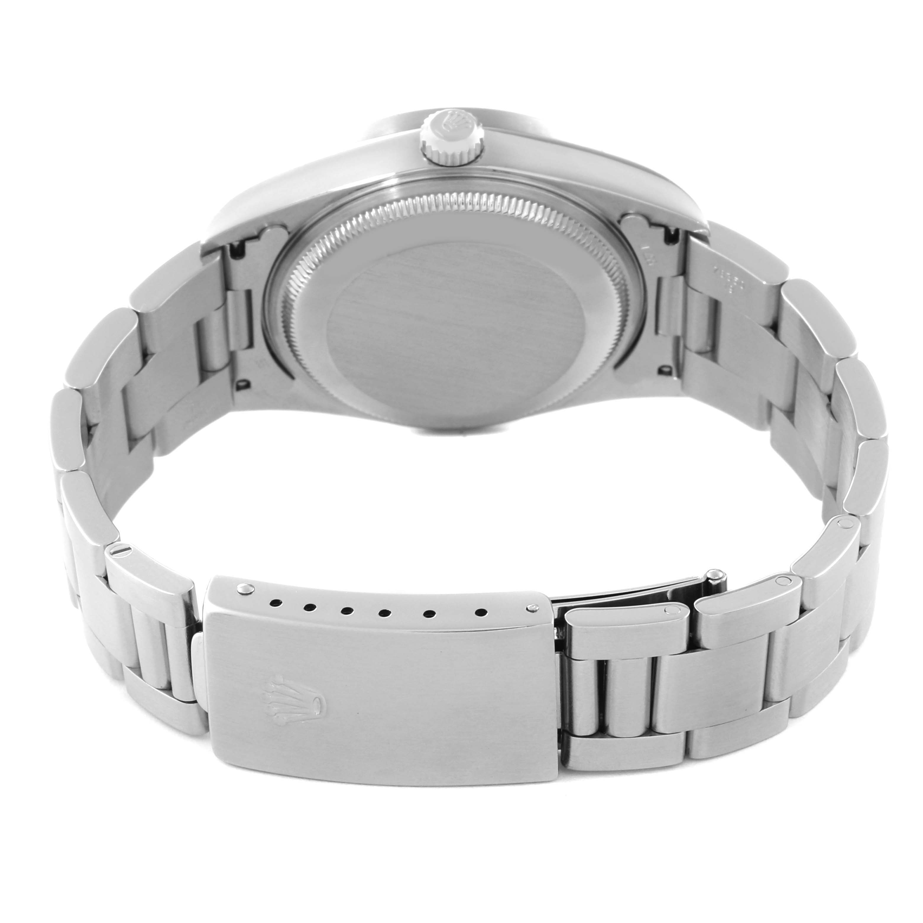 This image shows the back case and bracelet of a Rolex Date 15210 Men
s Stainless Steel Black Dial 15210 Men
s Stainless Steel Black Dial model watch from a rear angle.