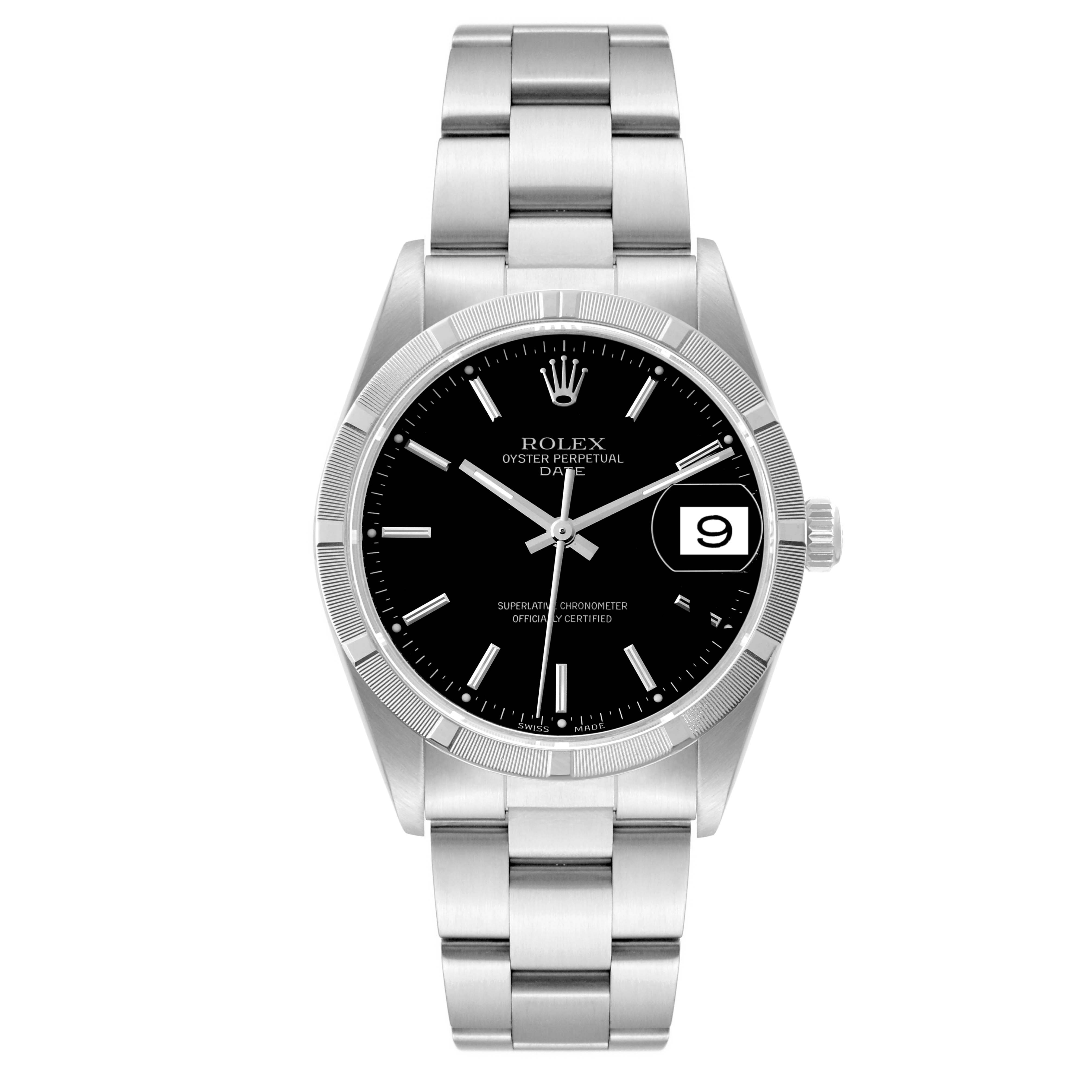 The image shows a front view of a Rolex Date 15210 Men
s Stainless Steel Black Dial 15210 Men
s Stainless Steel Black Dial model watch, highlighting the dial, bezel, crown, and bracelet.
