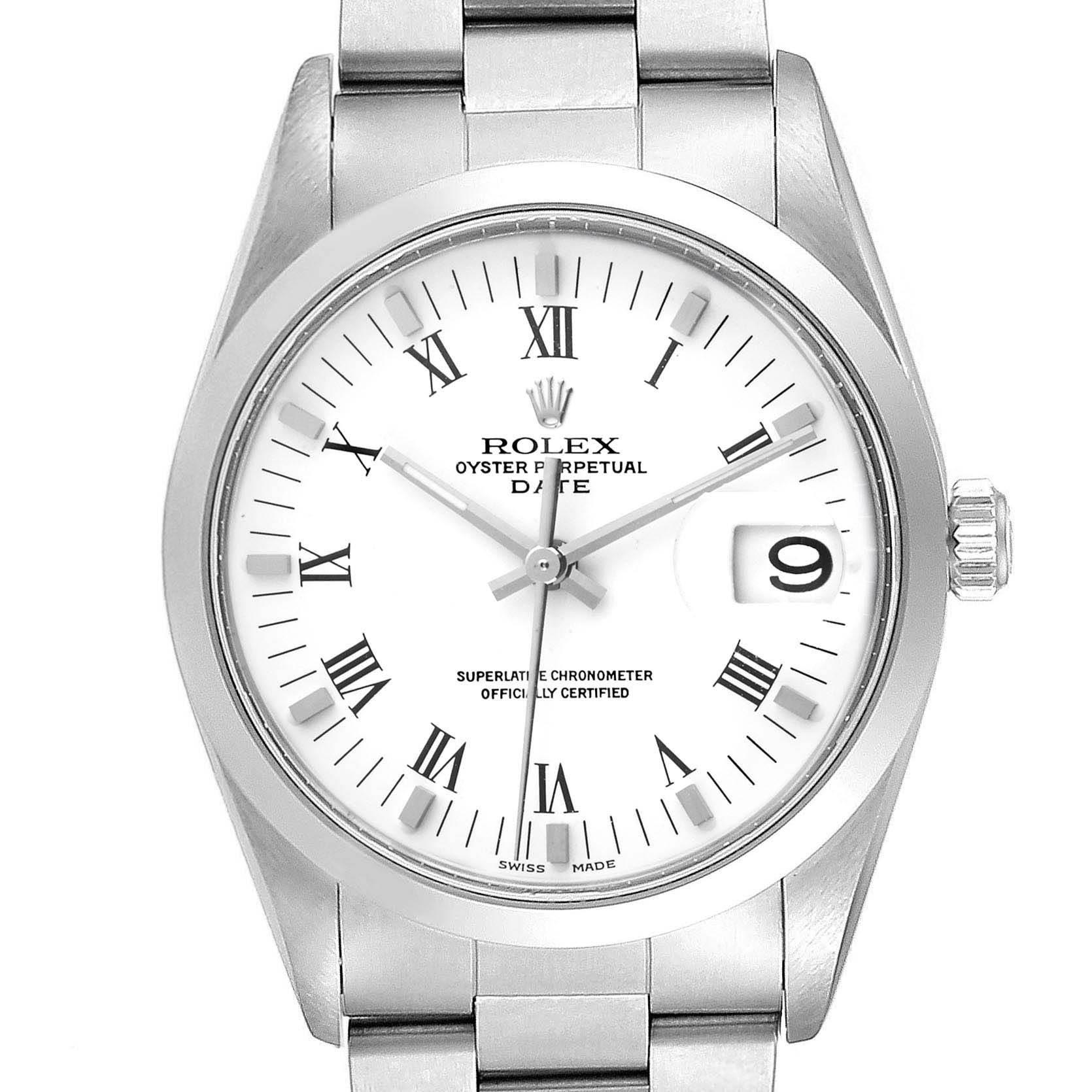 The image shows the face, bezel, crown, and part of the bracelet of the Rolex Date 15200 Men's Stainless Steel White Dial 15200 Men's Stainless Steel White Dial model watch.